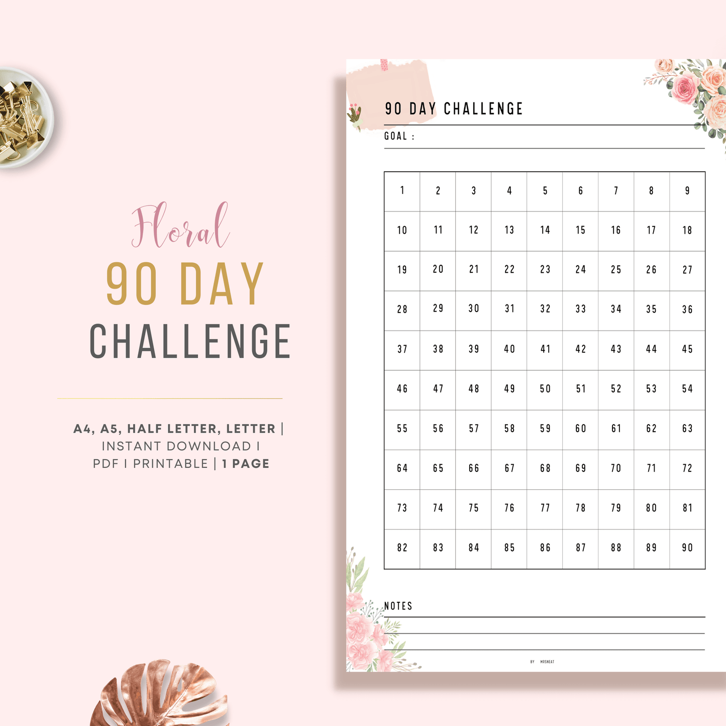 Beautiful Pink Floral 90 Day Challenge Tracker Planner Printable