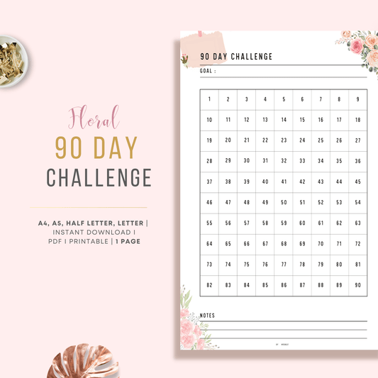 Beautiful Pink Floral 90 Day Challenge Tracker Planner Printable