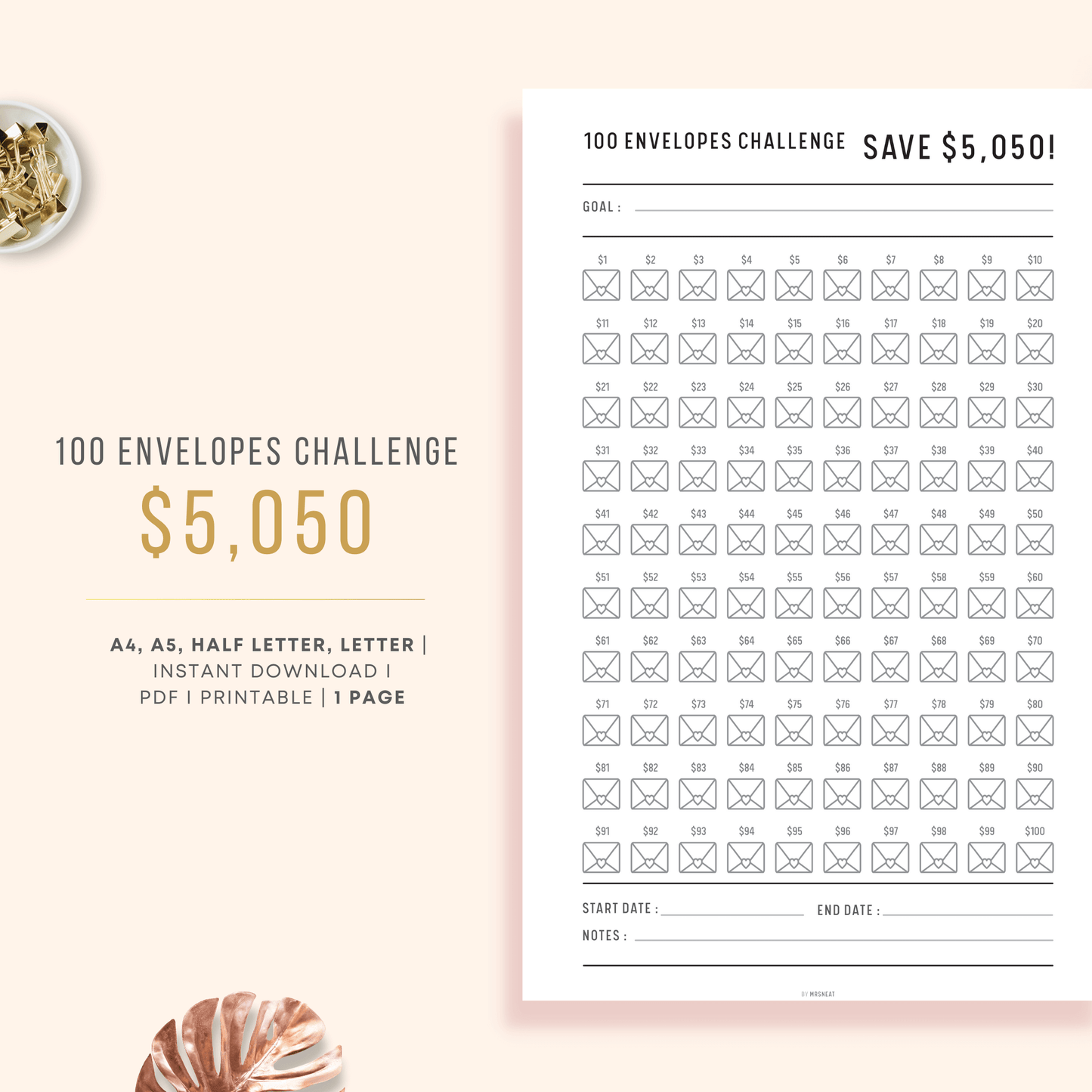 $5050 in 100 Envelopes Challenge in Minimalist and Clean Design