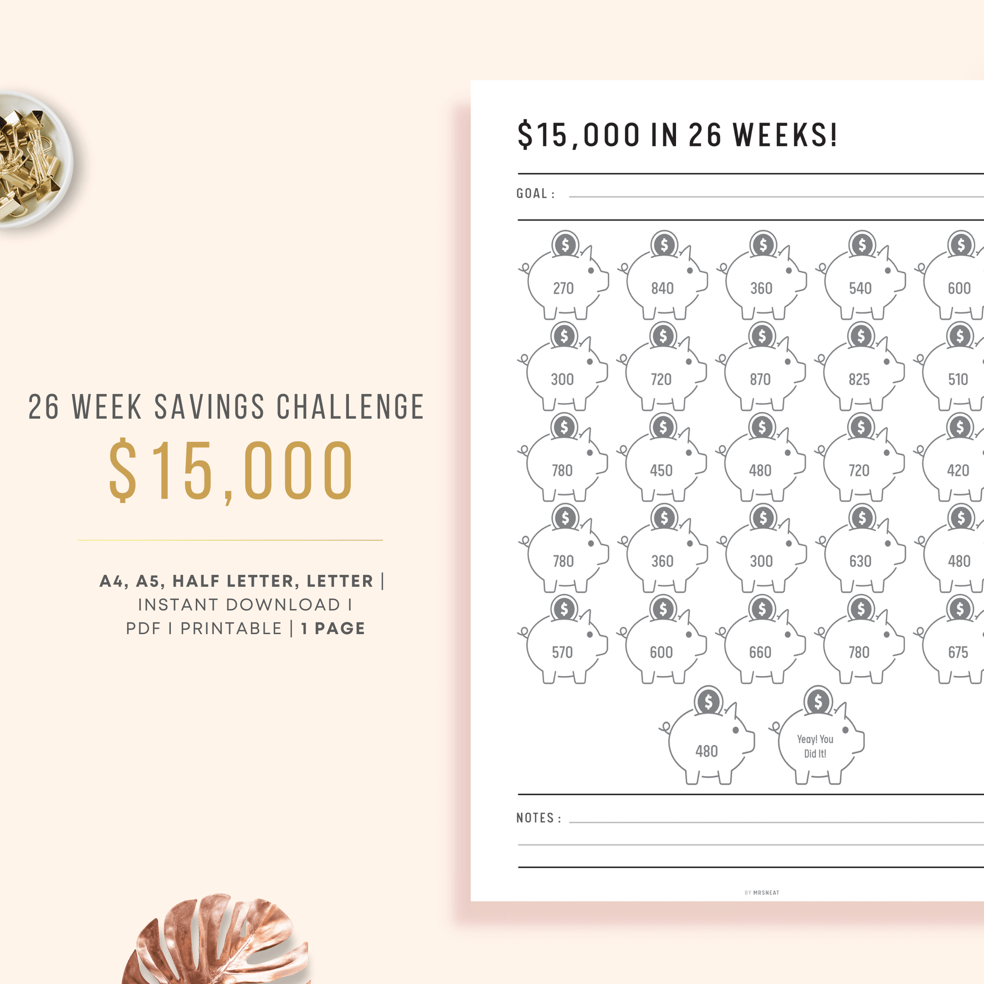 $15,000 Savings Challenge in 26 Weeks Planner with room for goal and notes