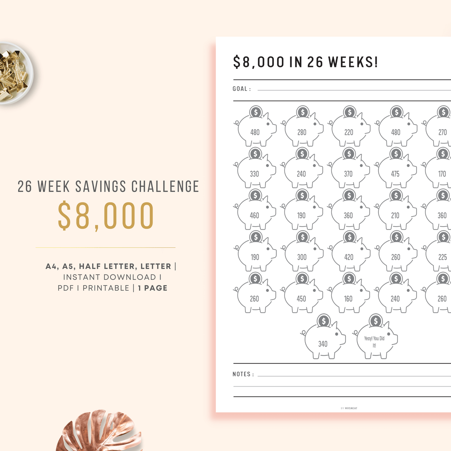 Cute Piggy Bank $8000 Money Saving Challenge in 26 Weeks Planner