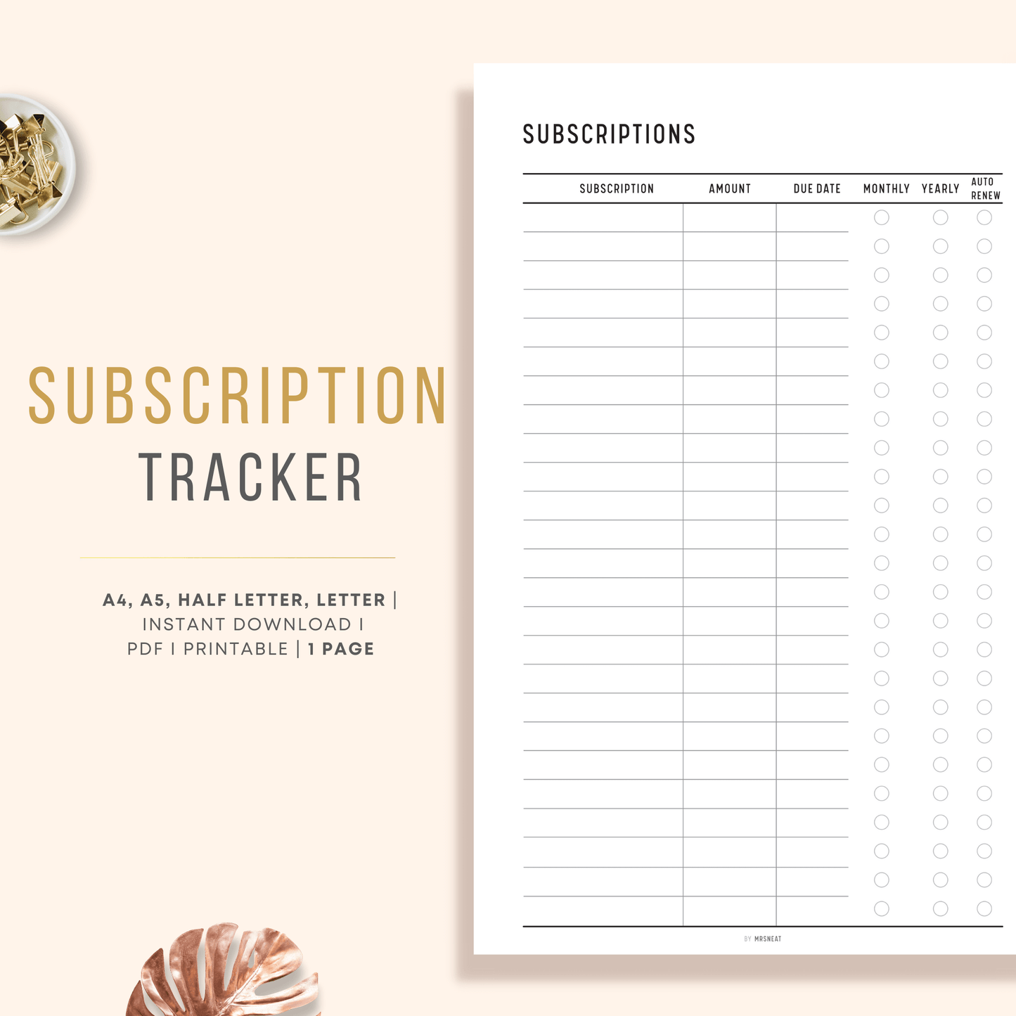 Minimalist Subscription Tracker Planner Printable