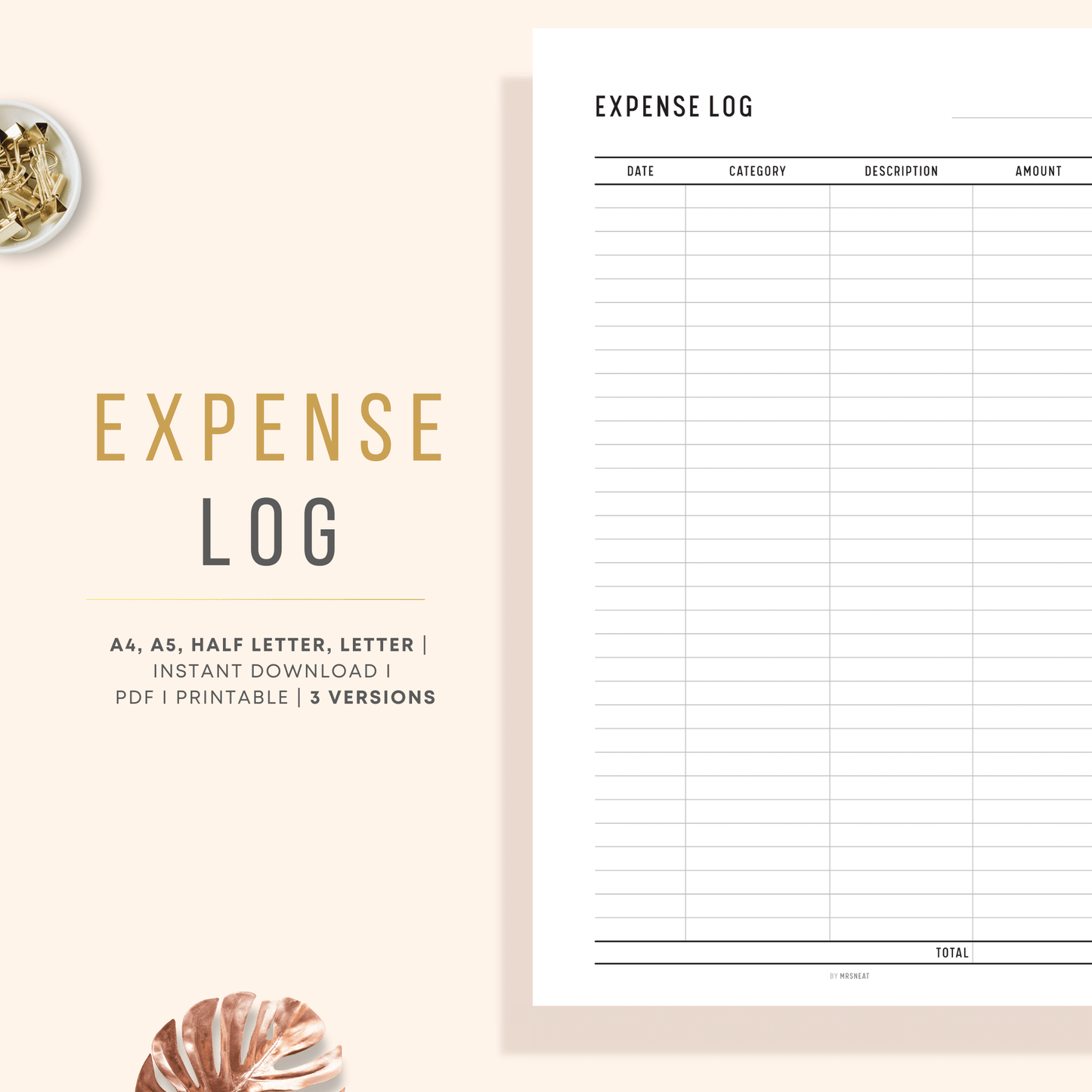 Clean and Minimalist Expense Log Tracker Planner Printable