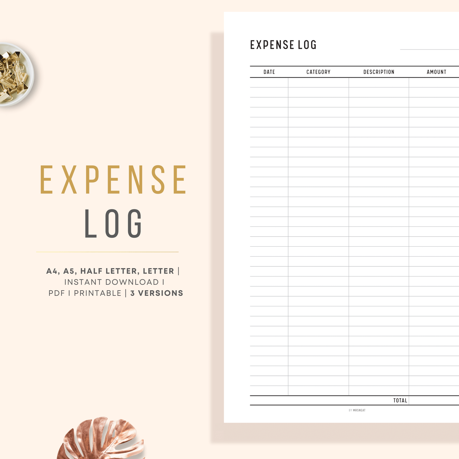Clean and Minimalist Expense Log Tracker Planner Printable