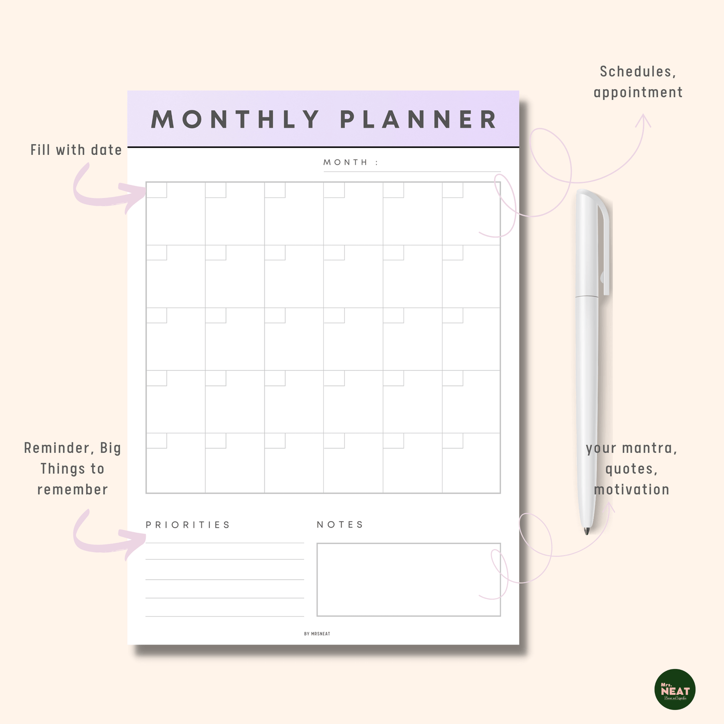 Beautiful and clean monthly planner in purple color with room for schedules, appointment, notes and reminder