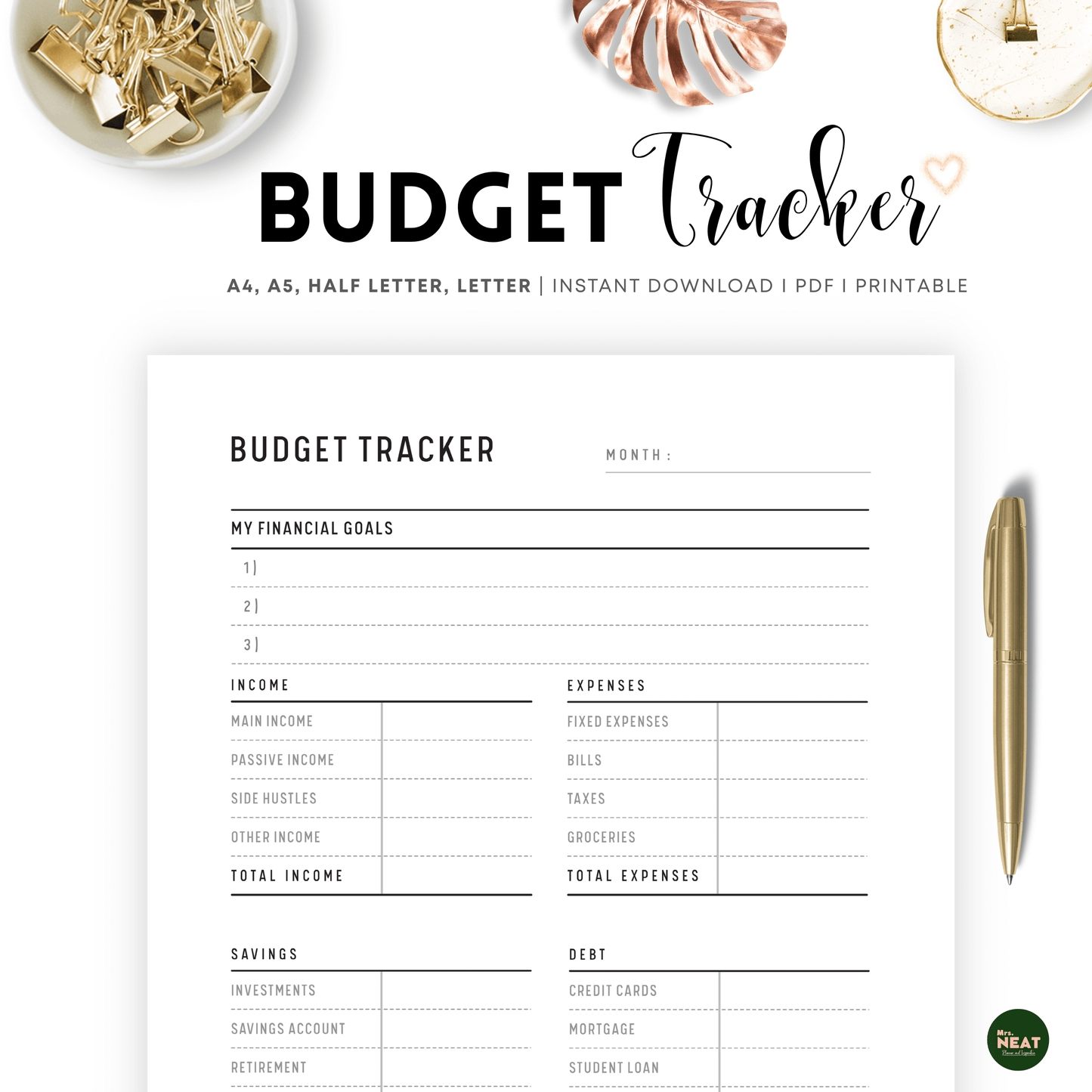 Minimalist Monthly Budget Tracker Planner