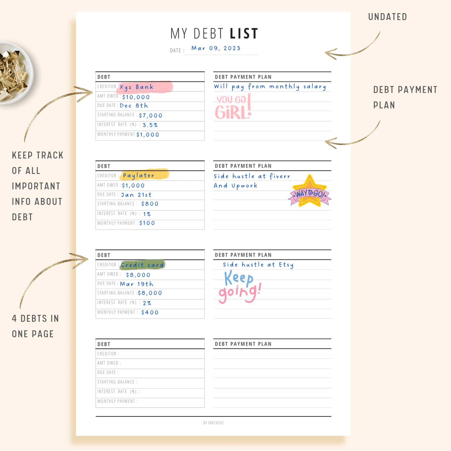 My Debt List Tracker Planner Printable