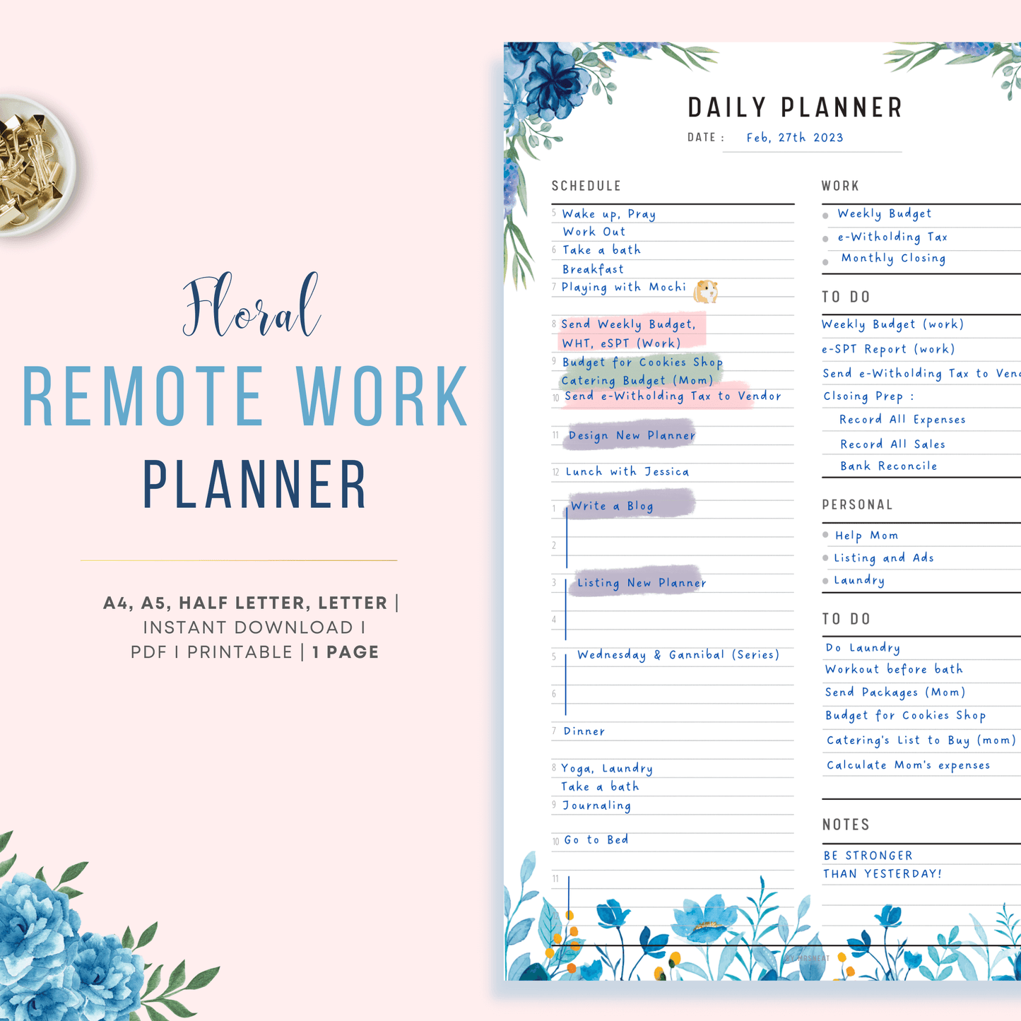 Blue Floral Work from Home Daily Planner in Minimalist Design
