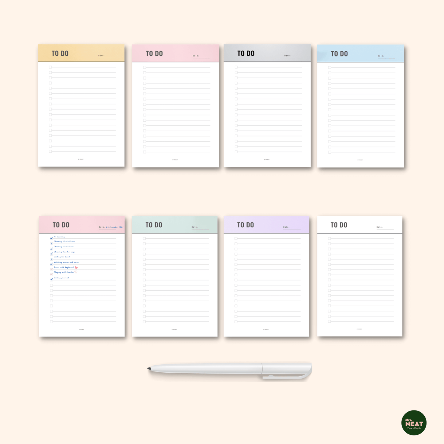 8 pages of Minimalist To Do Page in 7 color options