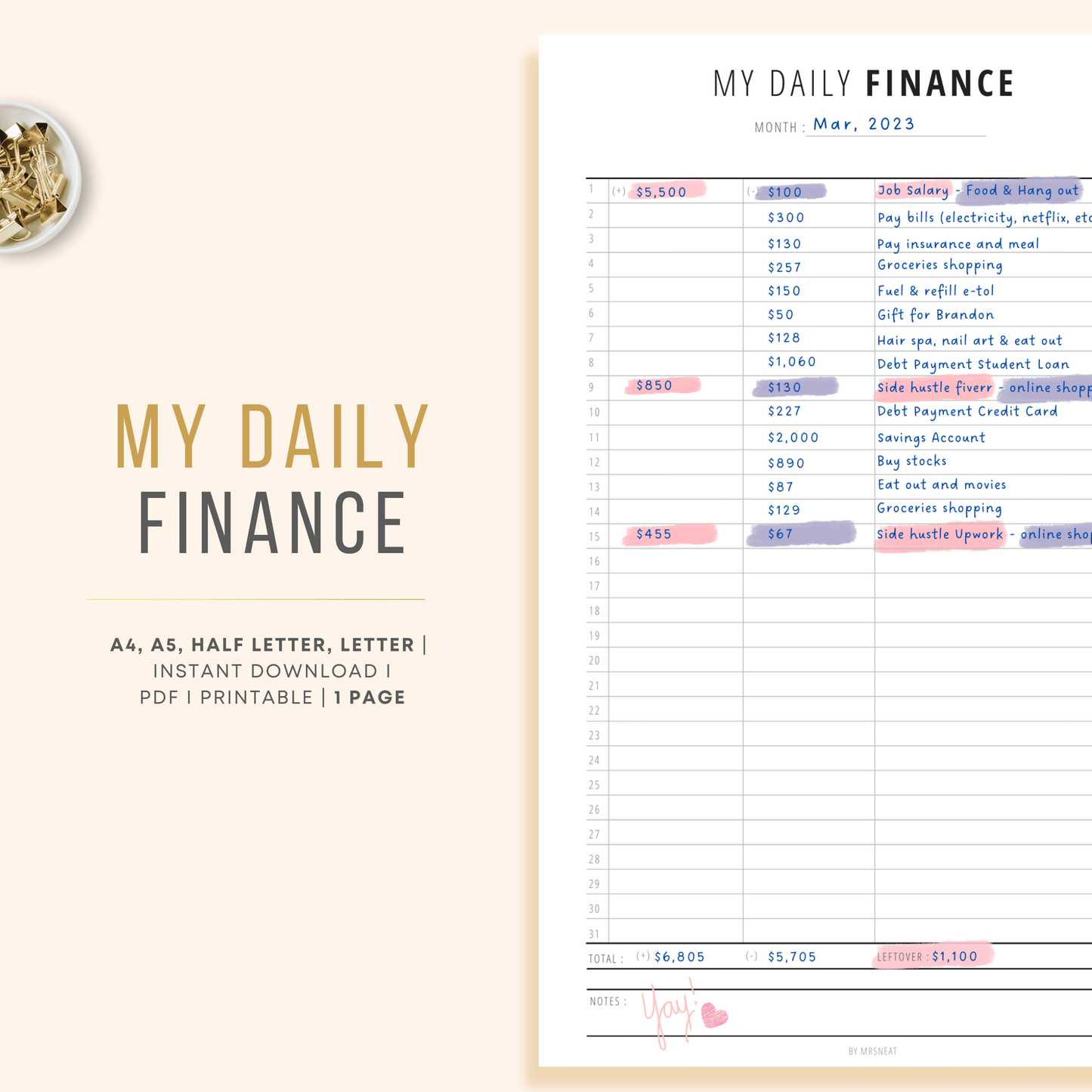 My Daily Finance Planner for Personal and Small Business