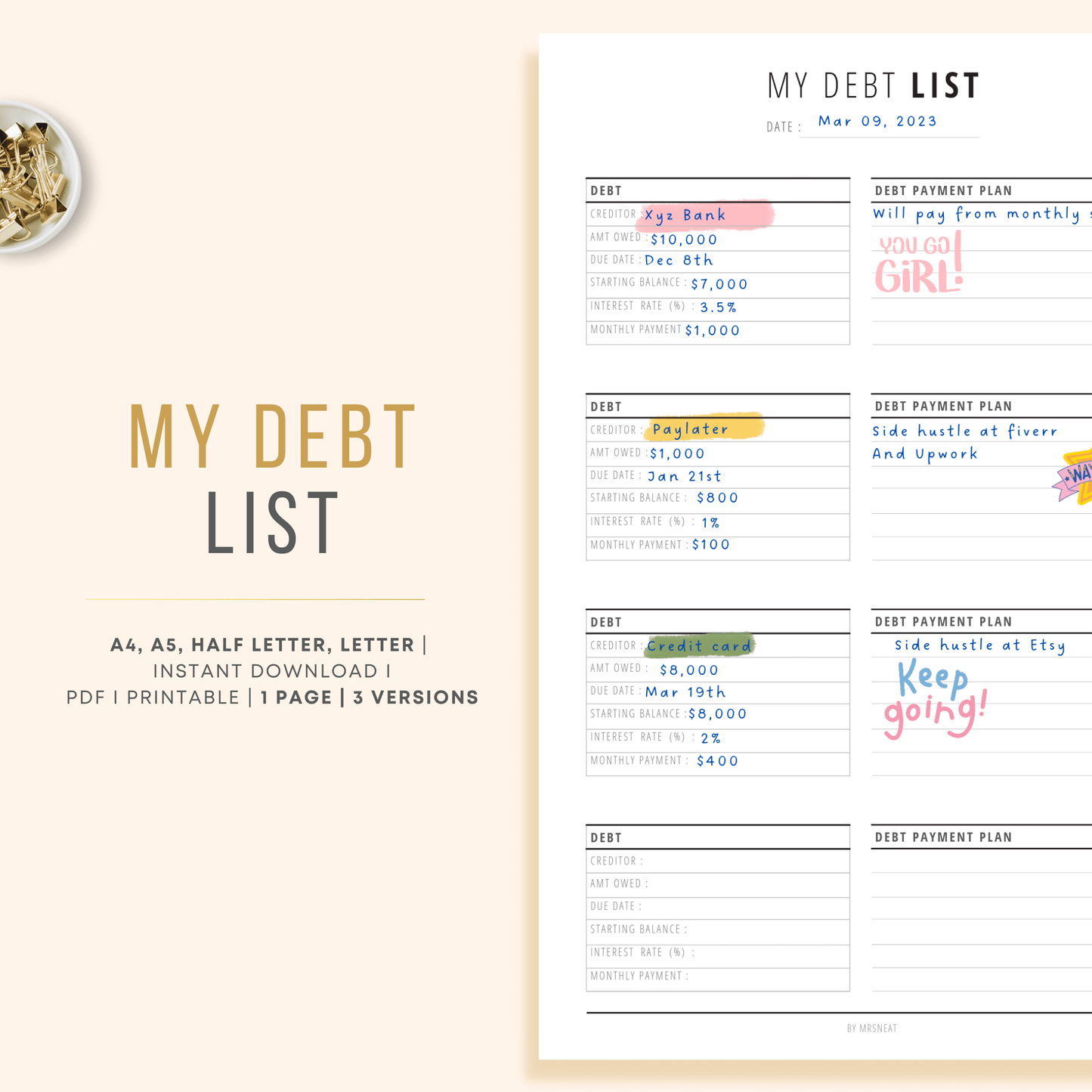 My Debt List Planner for Debt Payoff