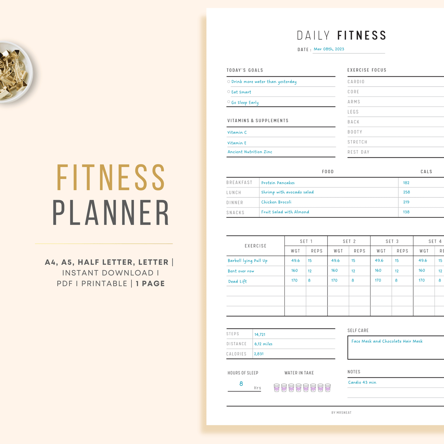 Clean and Minimalist Daily Fitness Planner