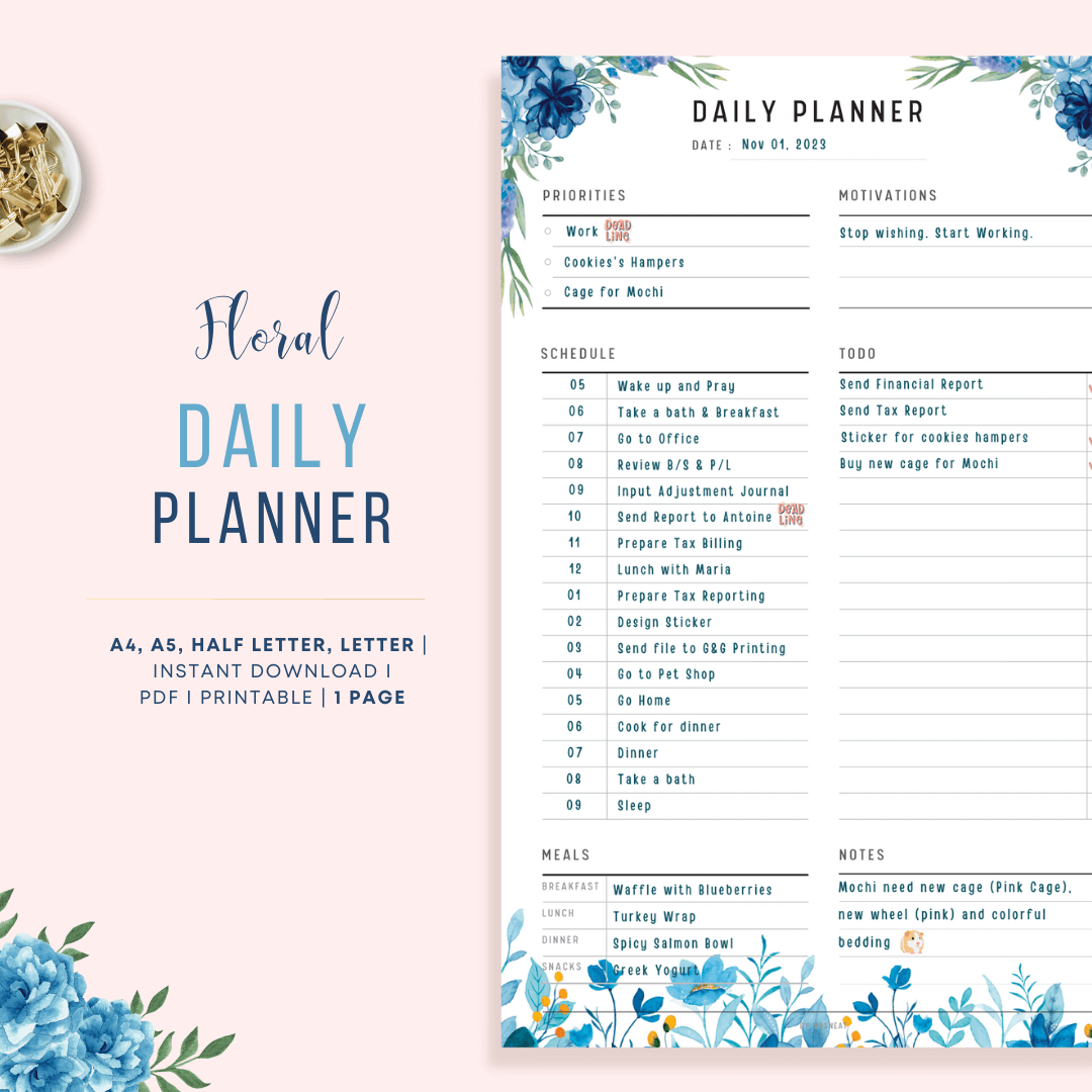 blue-floral-daily-planner-printable-m125-mrsneat for A5 Weekly Planner Printable Free Blue Floral Daily Planner Printable - M125 β mrsneat for A5 Weekly Planner Printable Free