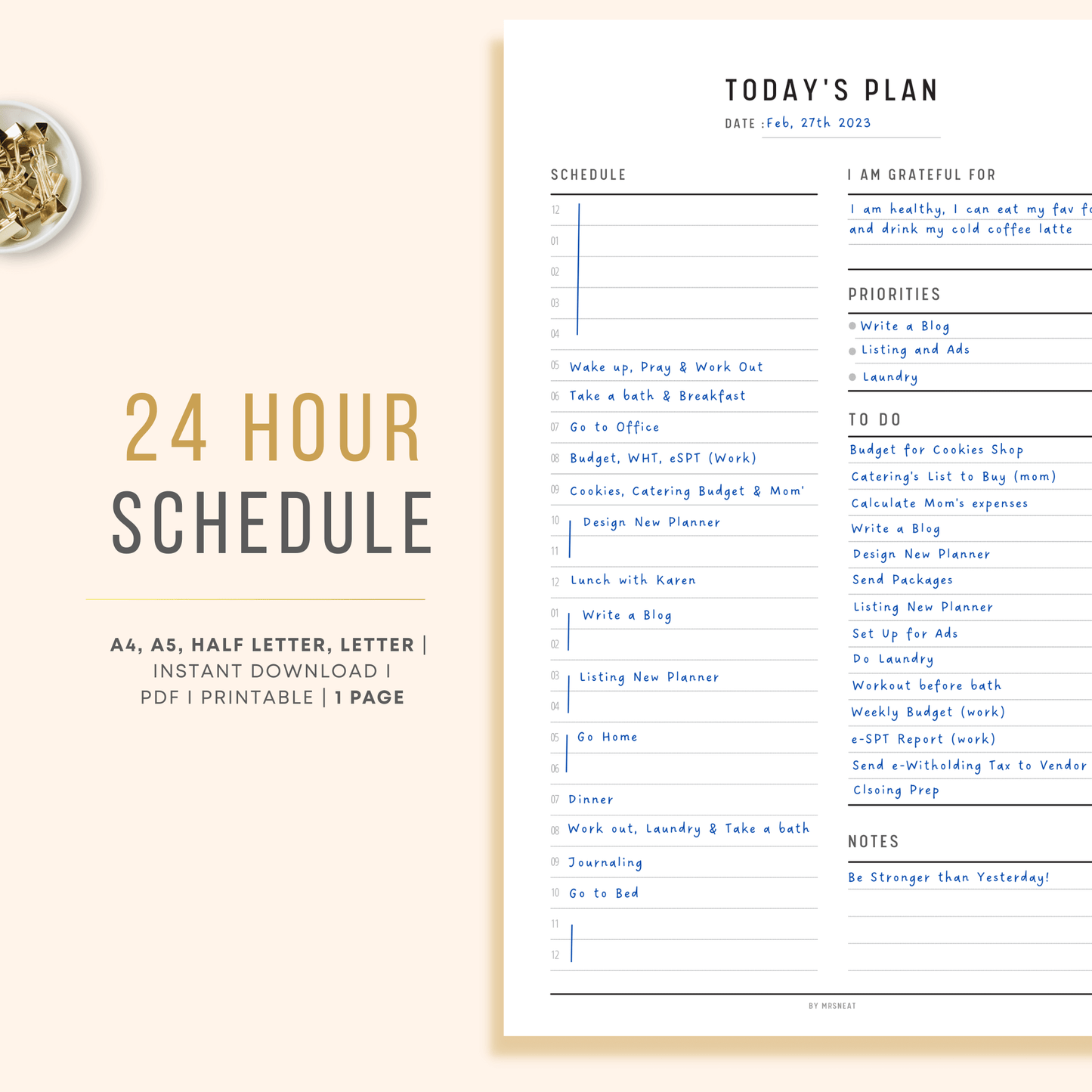24 Hour Daily Planner Printable in Minimalist Design