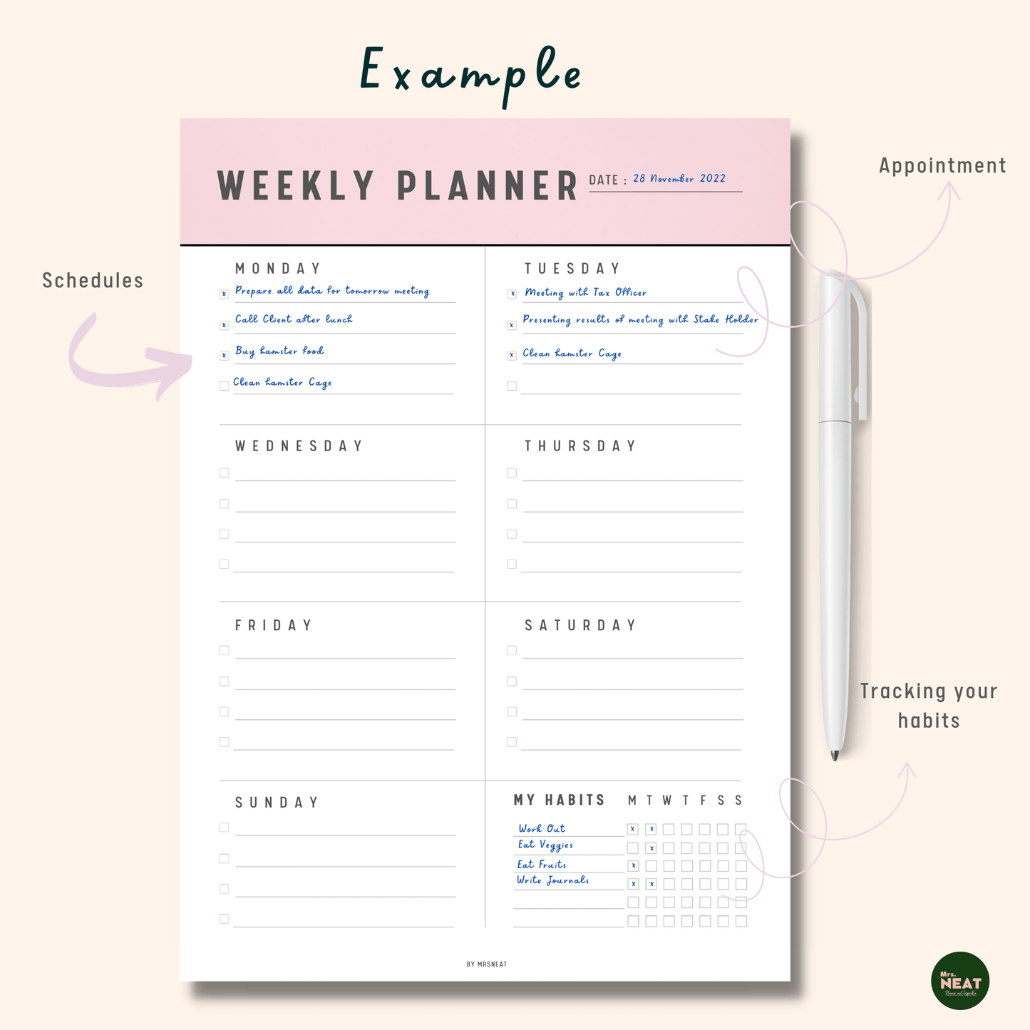 Beautiful pink weekly planner with dated, Monday and Tuesday Schedules and List of Habits as an example