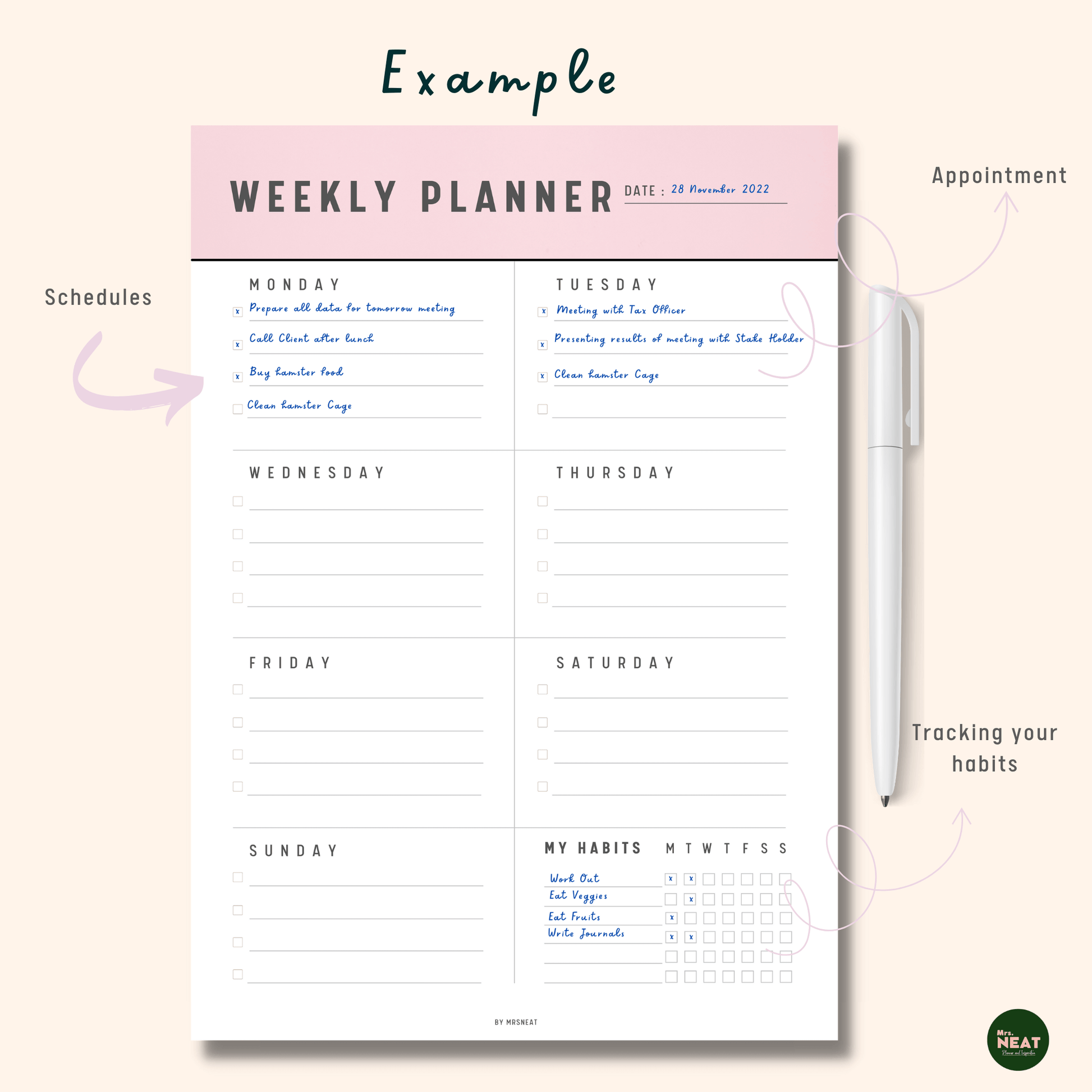 Beautiful pink weekly planner with dated, Monday and Tuesday Schedules and List of Habits as an example