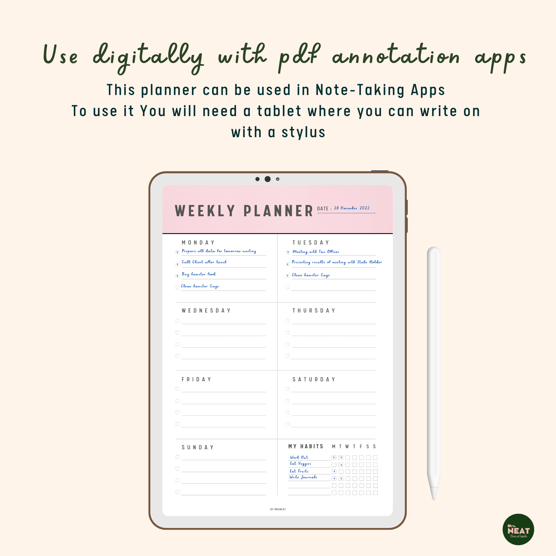 Beautiful and Clean Weekly planner in pink color use digitally on tablet and stylus