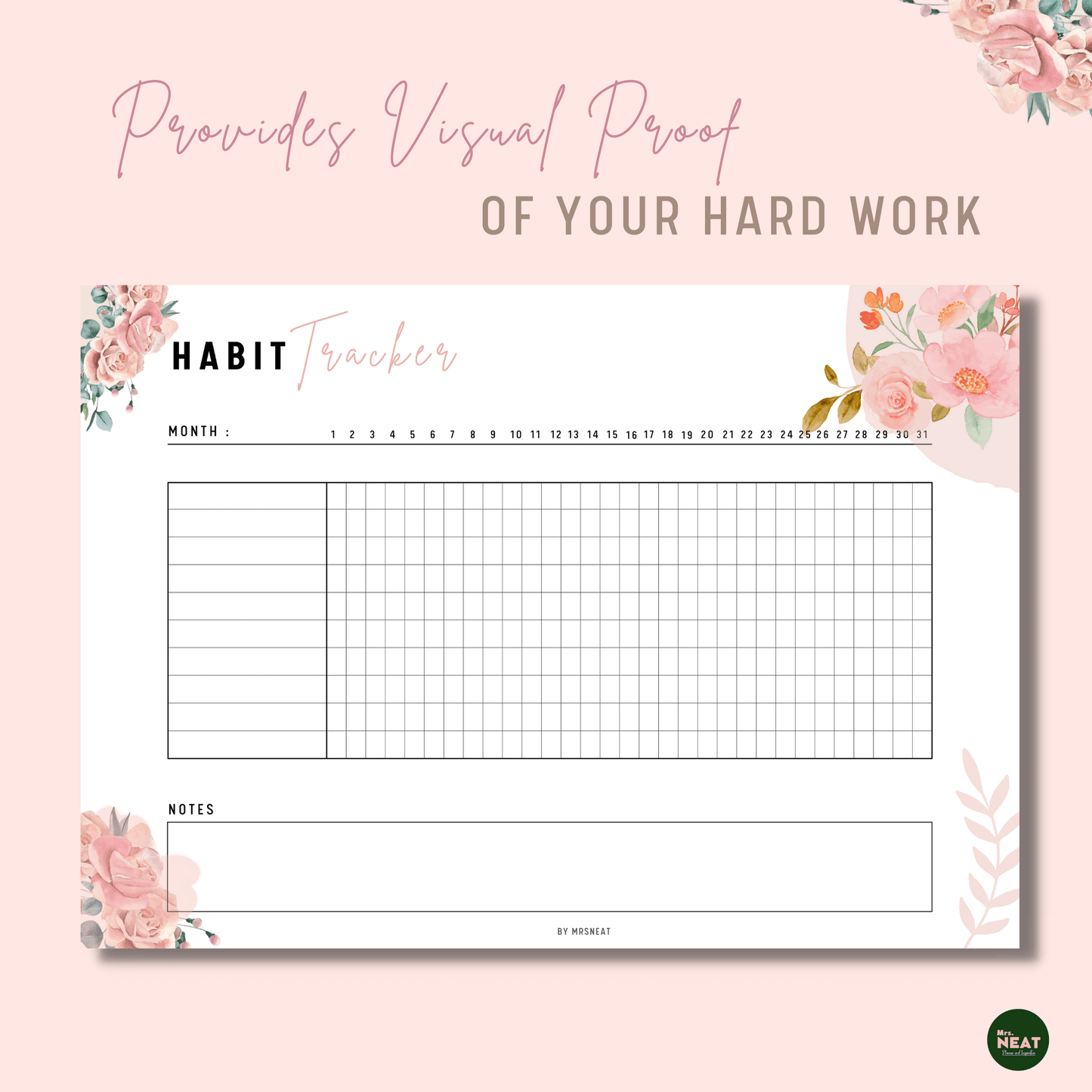 Beautiful and cute pink floral monthly habit tracker as a visual proof of the hard work