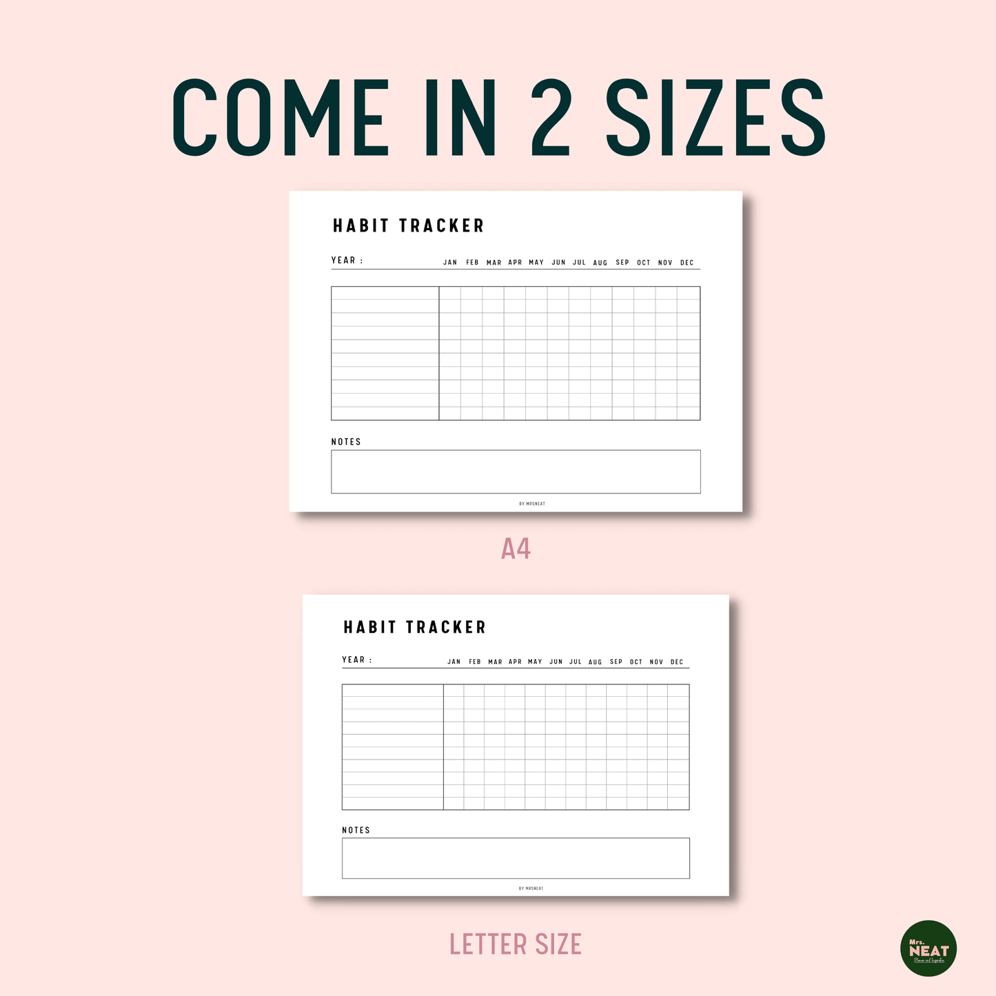 Minimalist Yearly Horizontal Habit Tracker in A4 size and Letter size