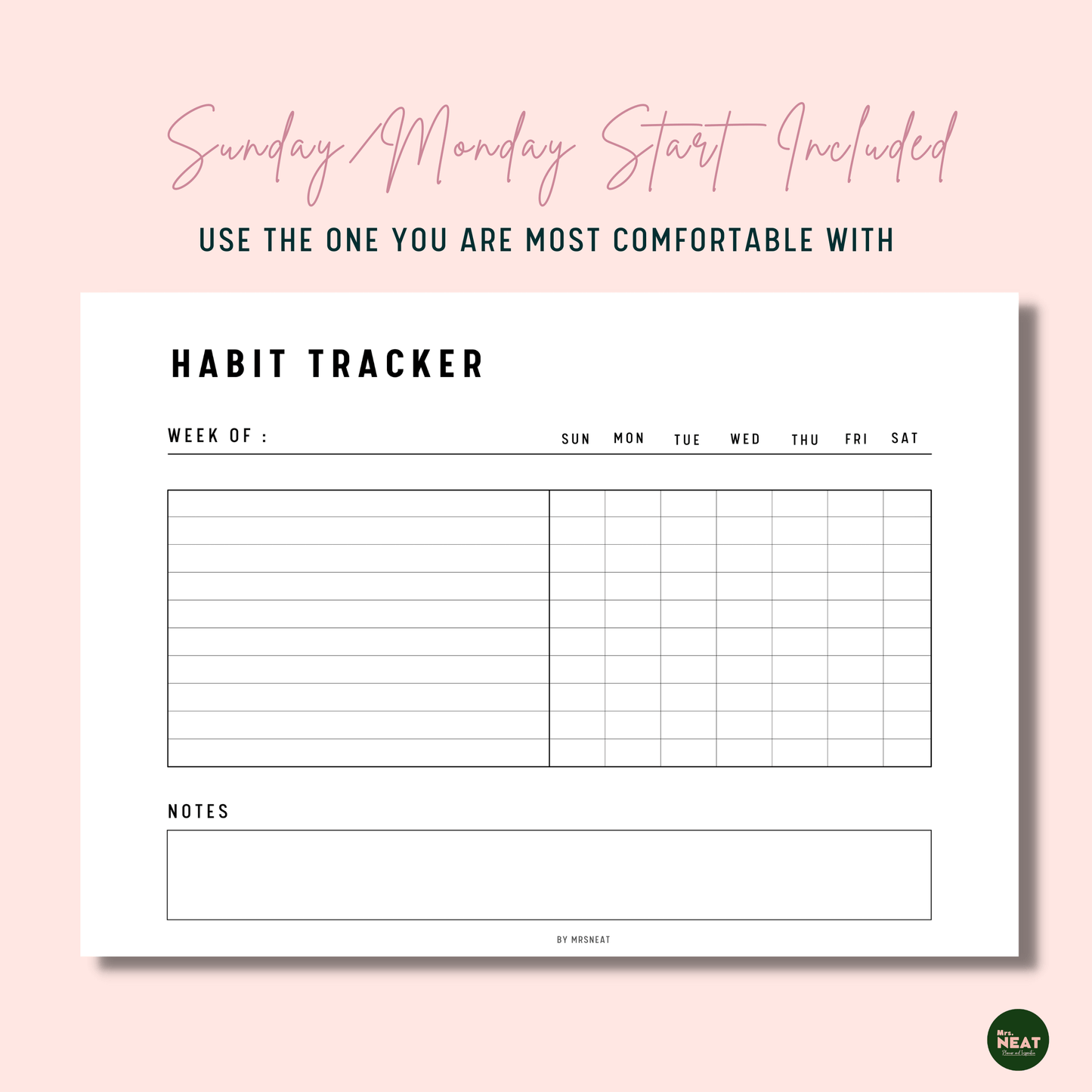 Beautiful and Cute Weekly Habit Tracker with Sunday start and Monday start included