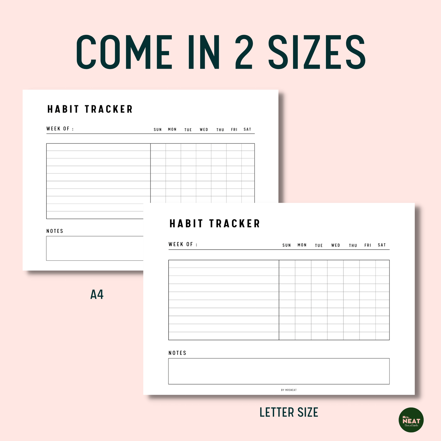 Clean and Minimalist Horizontal Weekly Habit Tracker Planner in A4 size and Letter size