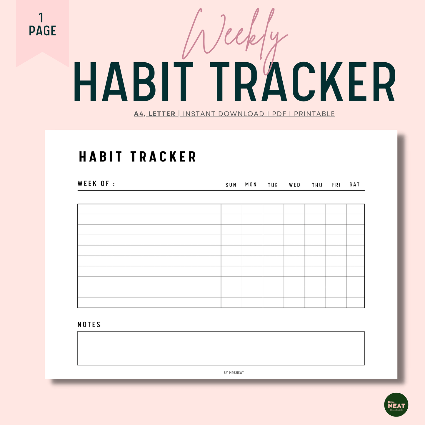 Minimalist Horizontal Weekly Habit Tracker Planner with undated week and room for notes and habits