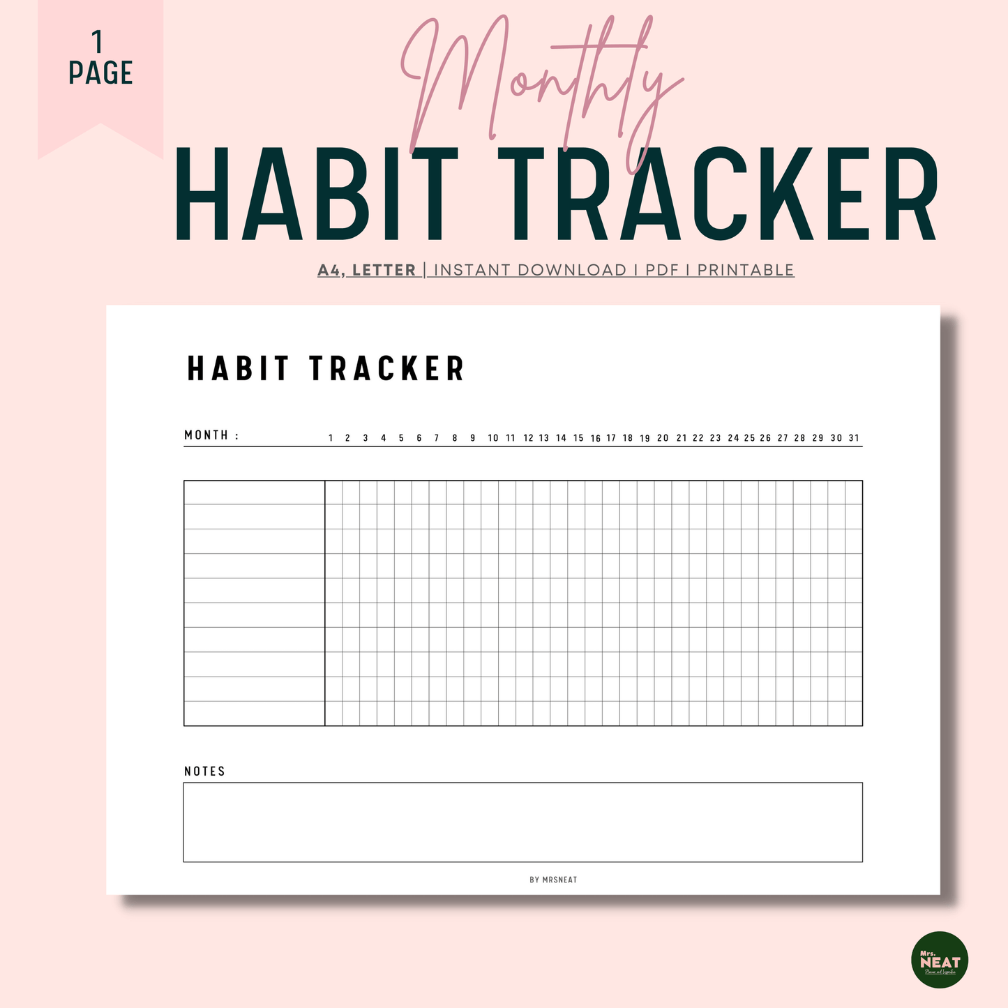 Monthly Habit Tracker Printable, Fillable Habit Tracker Landscape, Routine Tracker, Monthly Planner, PDF, Instant Download, A4, US Letter
