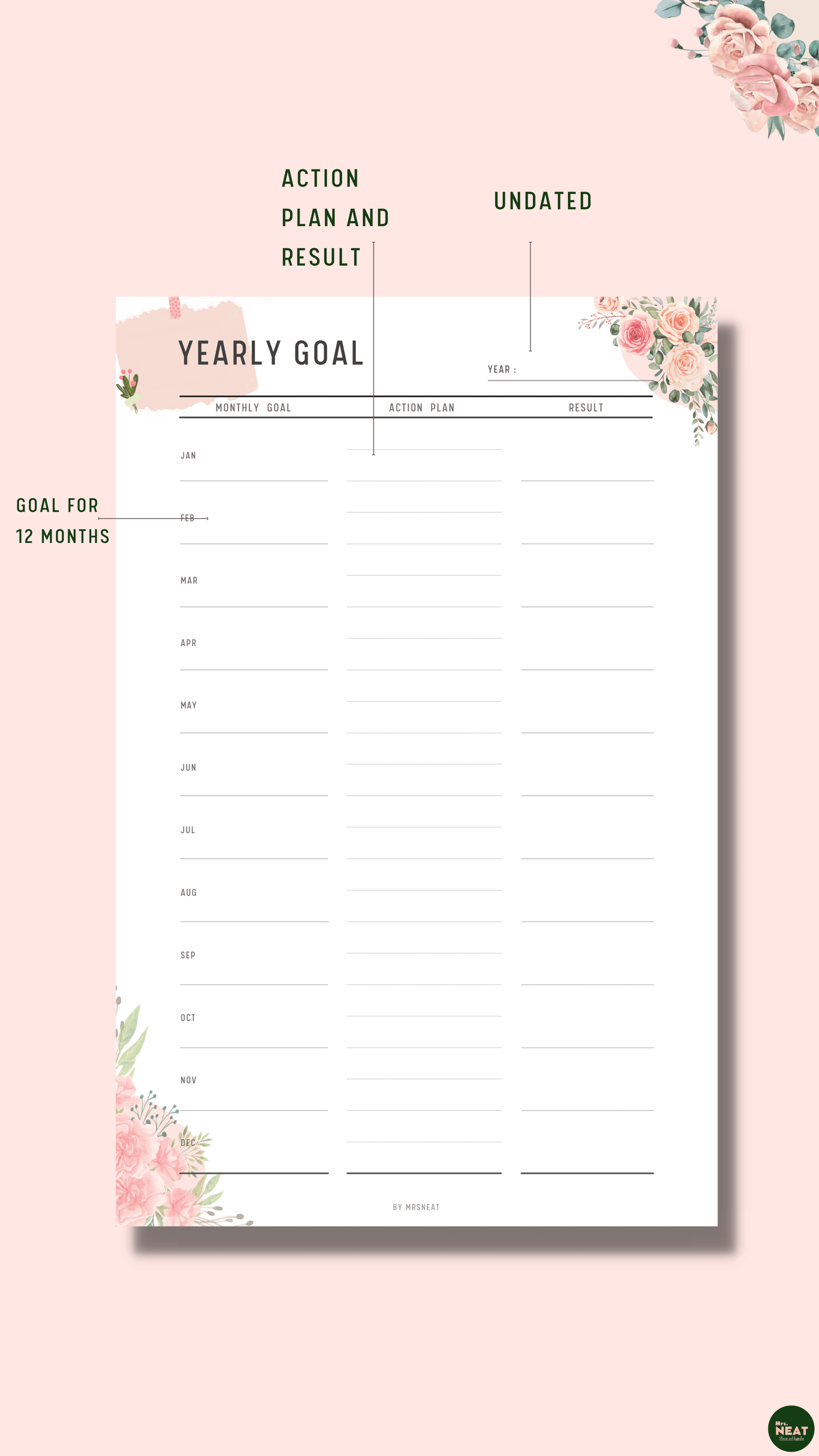 Floral Yearly Goal Planner that capture goal for 12 months, action plan and result