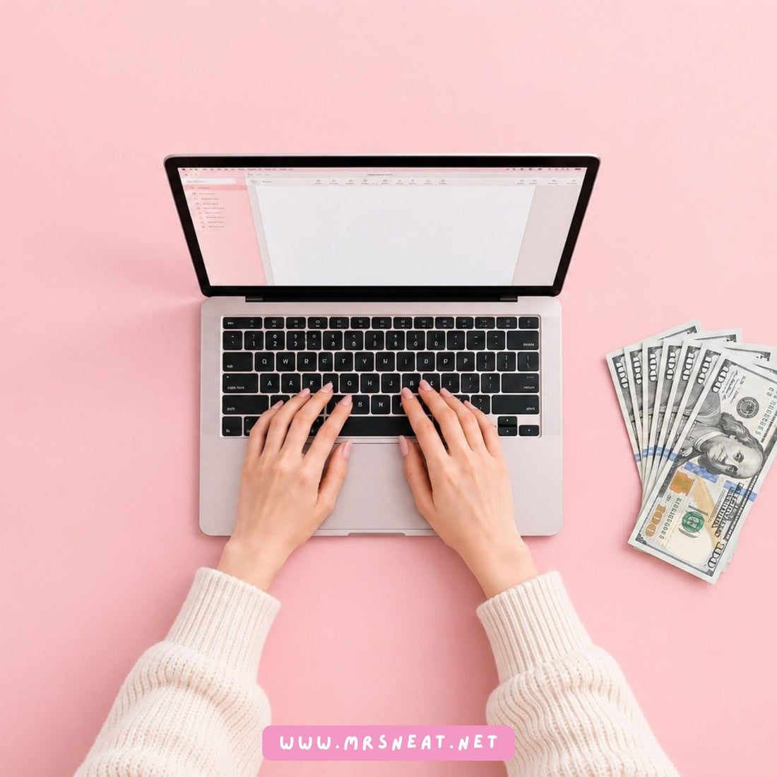 Woman working on laptop with US dollar bills, representing making money from an online business