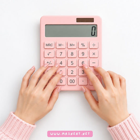 Hands using a pink calculator to calculate Print on Demand business costs and profits