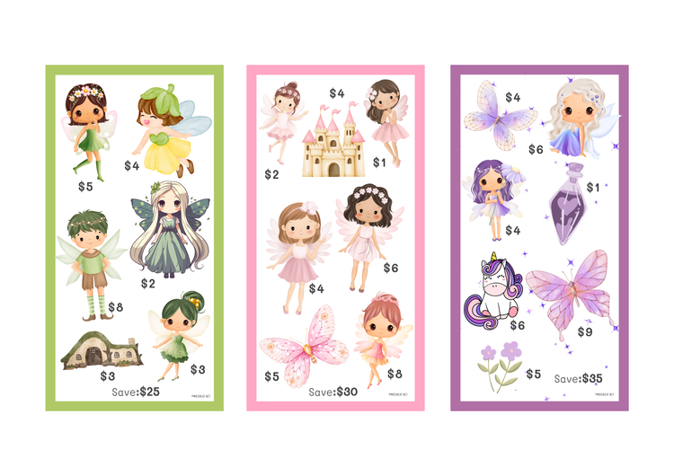 Set of three colorful mini savings challenge with fairy characters and amount on a white background.