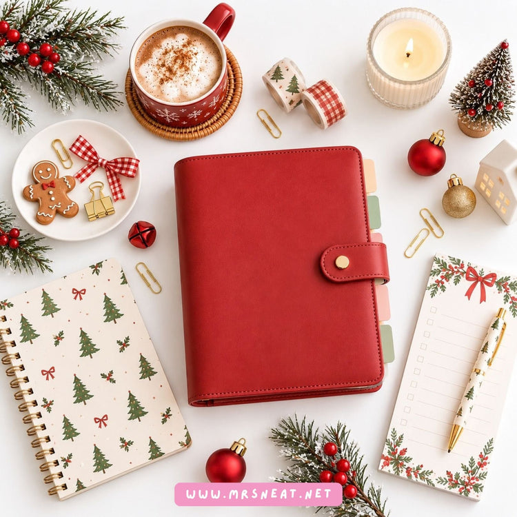 Christmas planner collection cover featuring a red planner surrounded by Christmas decorations, festive stationery, coffee, and holiday accessories