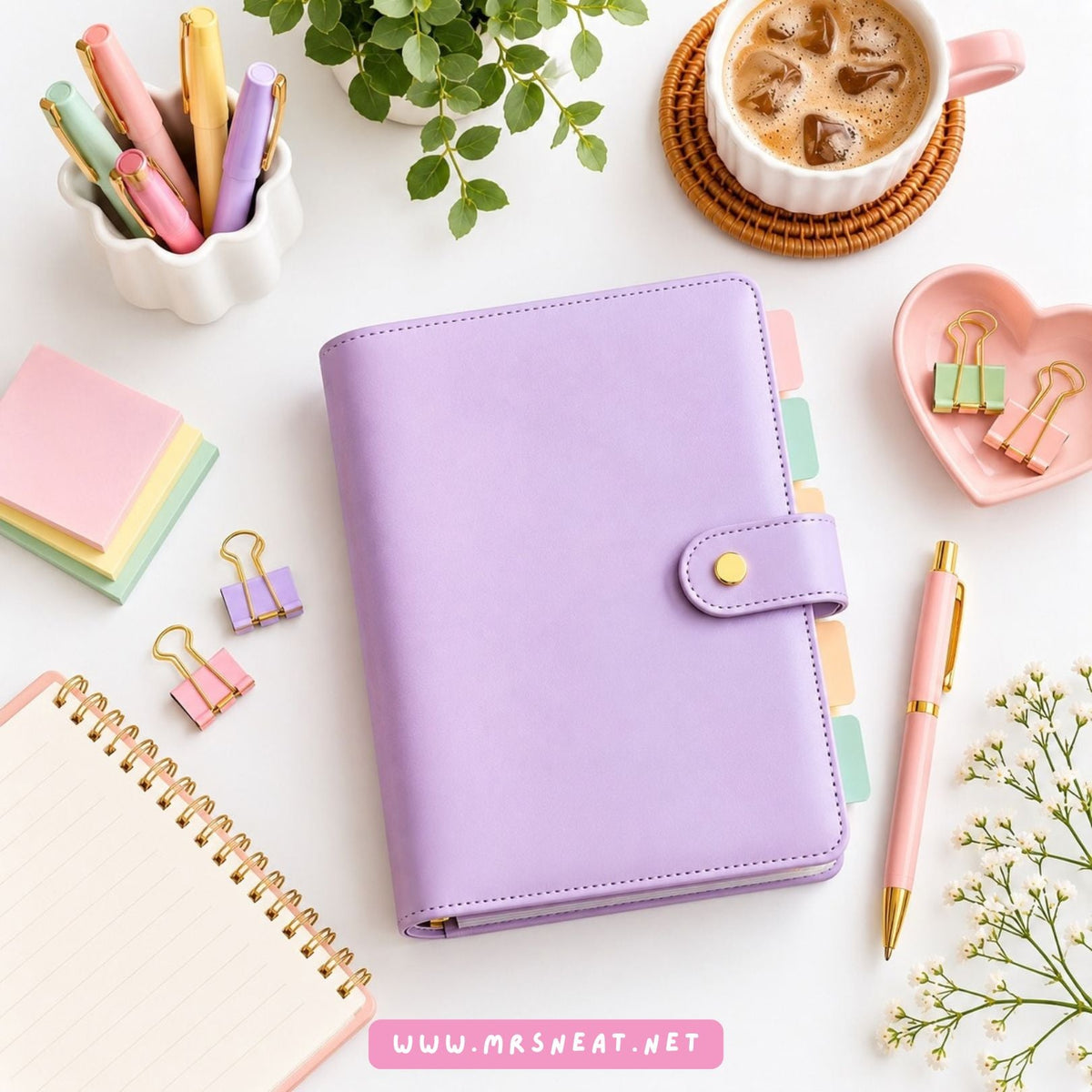 Colorful planner collection cover featuring a lavender planner with bright stationery, colorful notebooks, coffee, and playful planner accessories