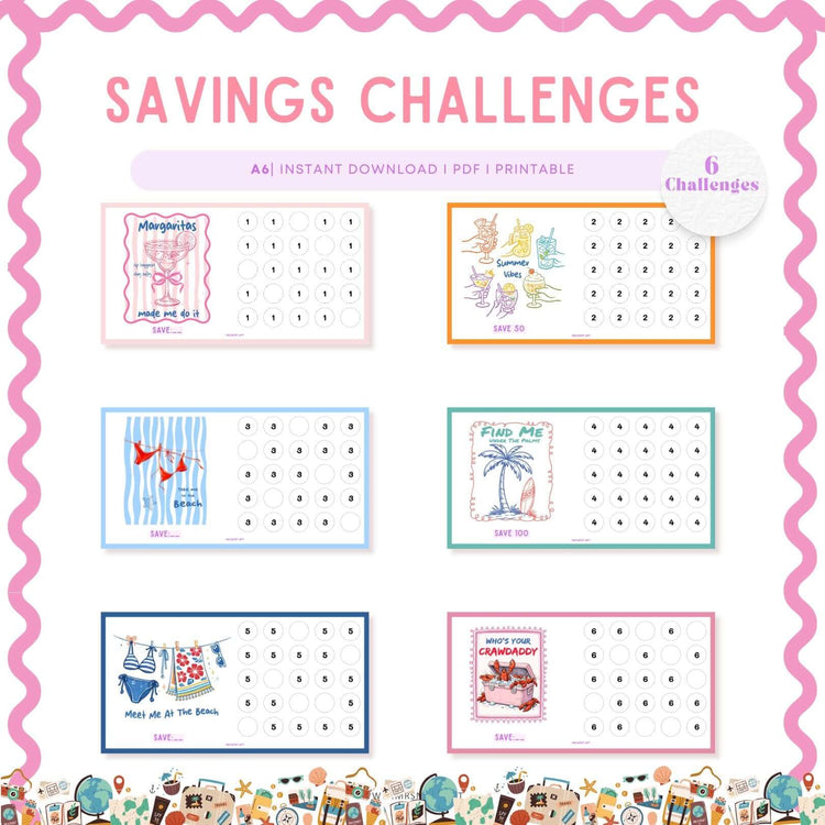 Beautiful and Cute set of six printable A6 savings challenges brings fun and personality to your financial goals.