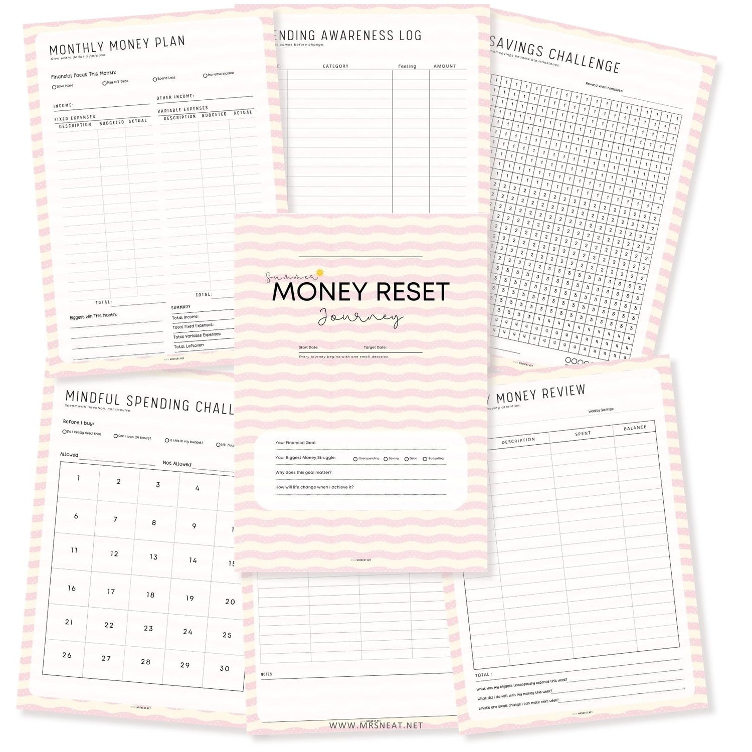 Complete Summer Money Reset Kit printable featuring 10 thoughtfully designed worksheets for budgeting, saving, debt tracking, and money habits.