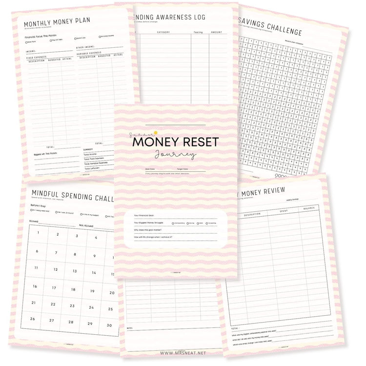Complete Summer Money Reset Kit printable featuring 10 thoughtfully designed worksheets for budgeting, saving, debt tracking, and money habits.