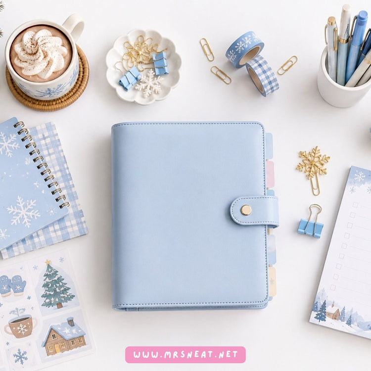 Winter planner collection cover featuring a light blue planner surrounded by snowflake stationery, Christmas decorations, coffee, and cozy winter accessories