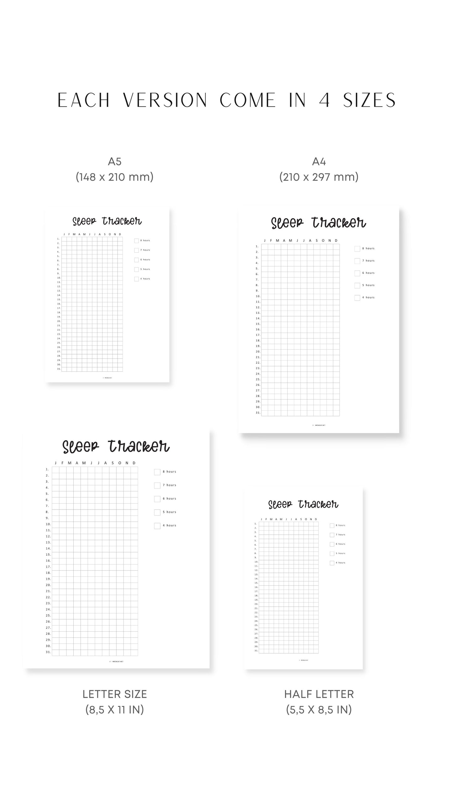 Sleep tracker sheets in various sizes on a white background