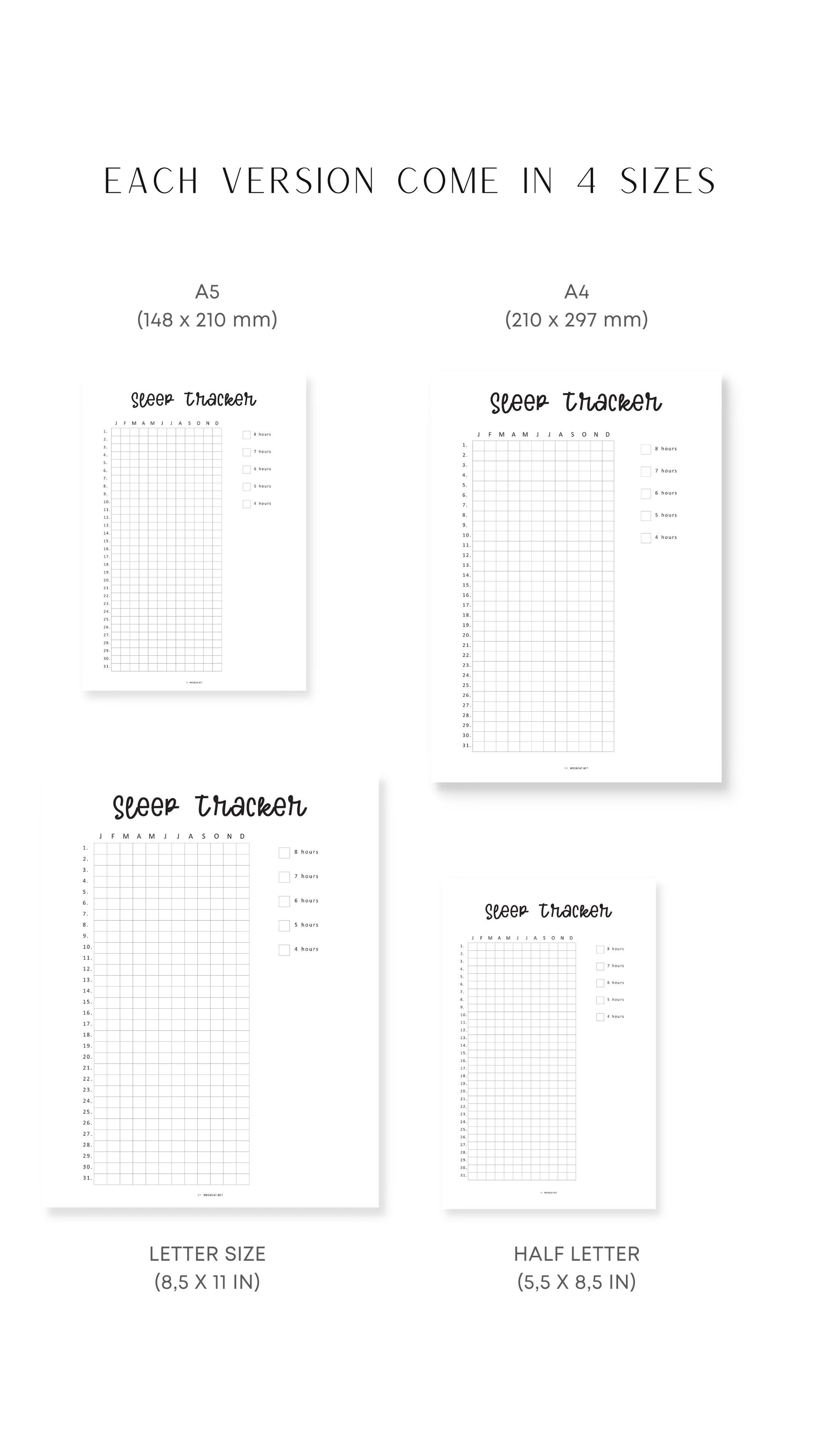 Sleep tracker sheets in various sizes on a white background