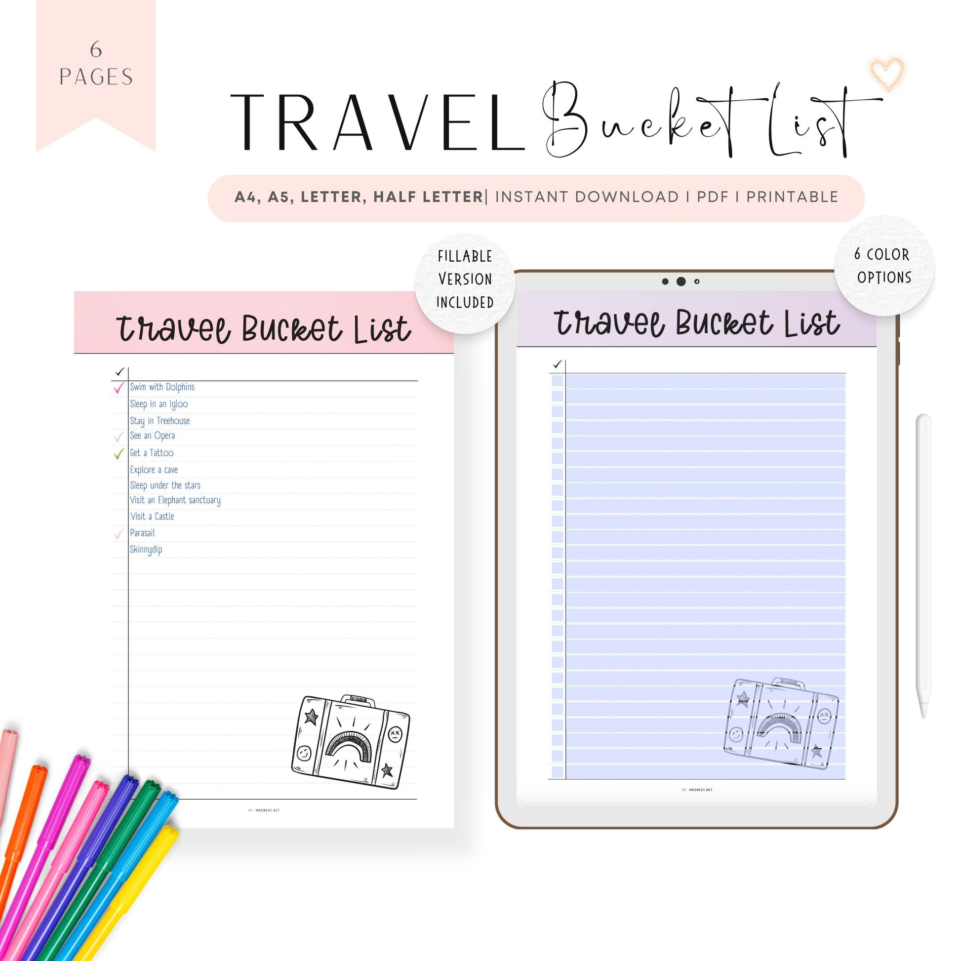 6 colors Travel Bucket List Template Printable