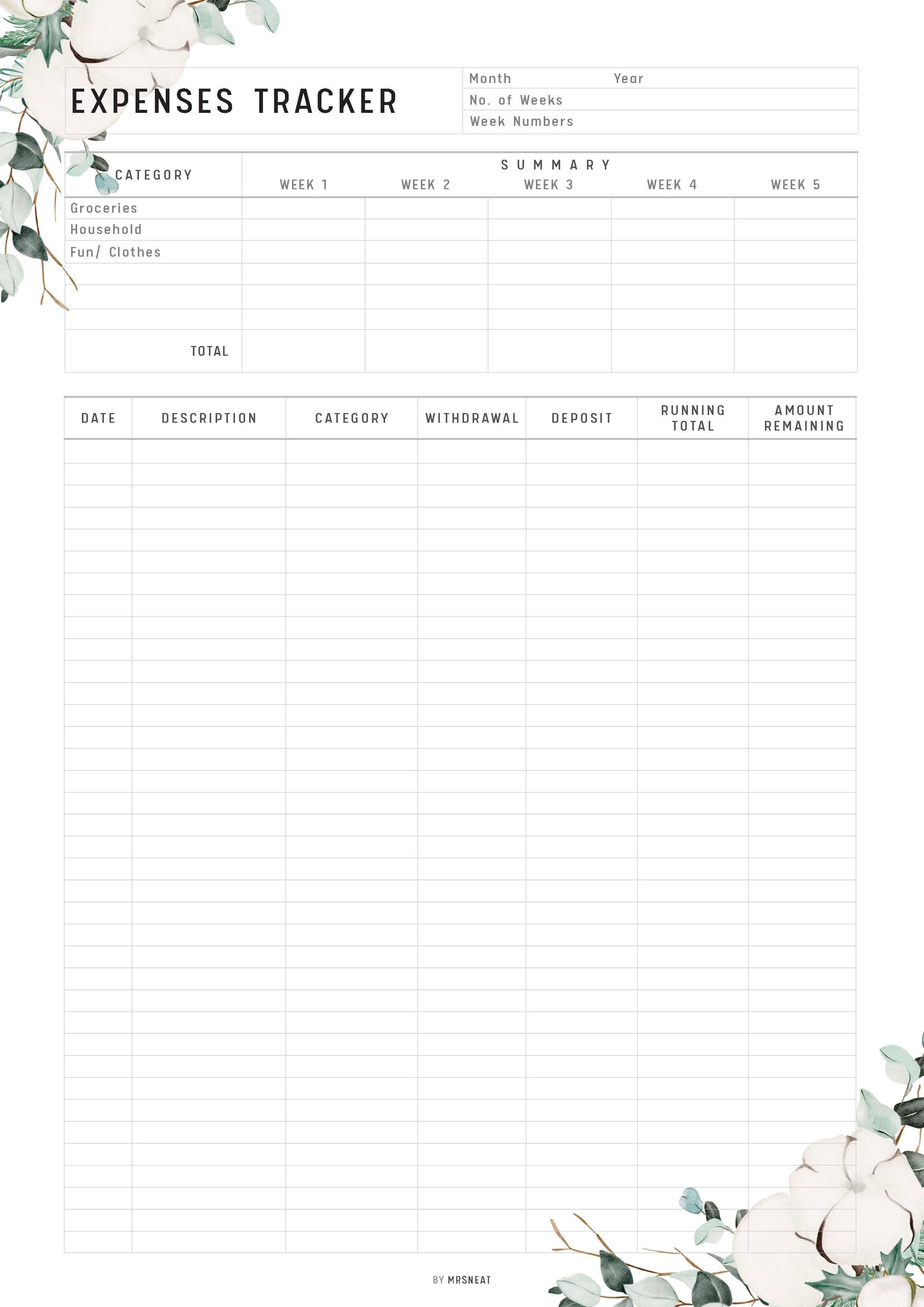 Fillable Expenses Tracker Printable Planner, Editable Bill Tracker, Floral Spending Tracker, Minimalist Expense Tracker, A4, PDF, 5 Styles