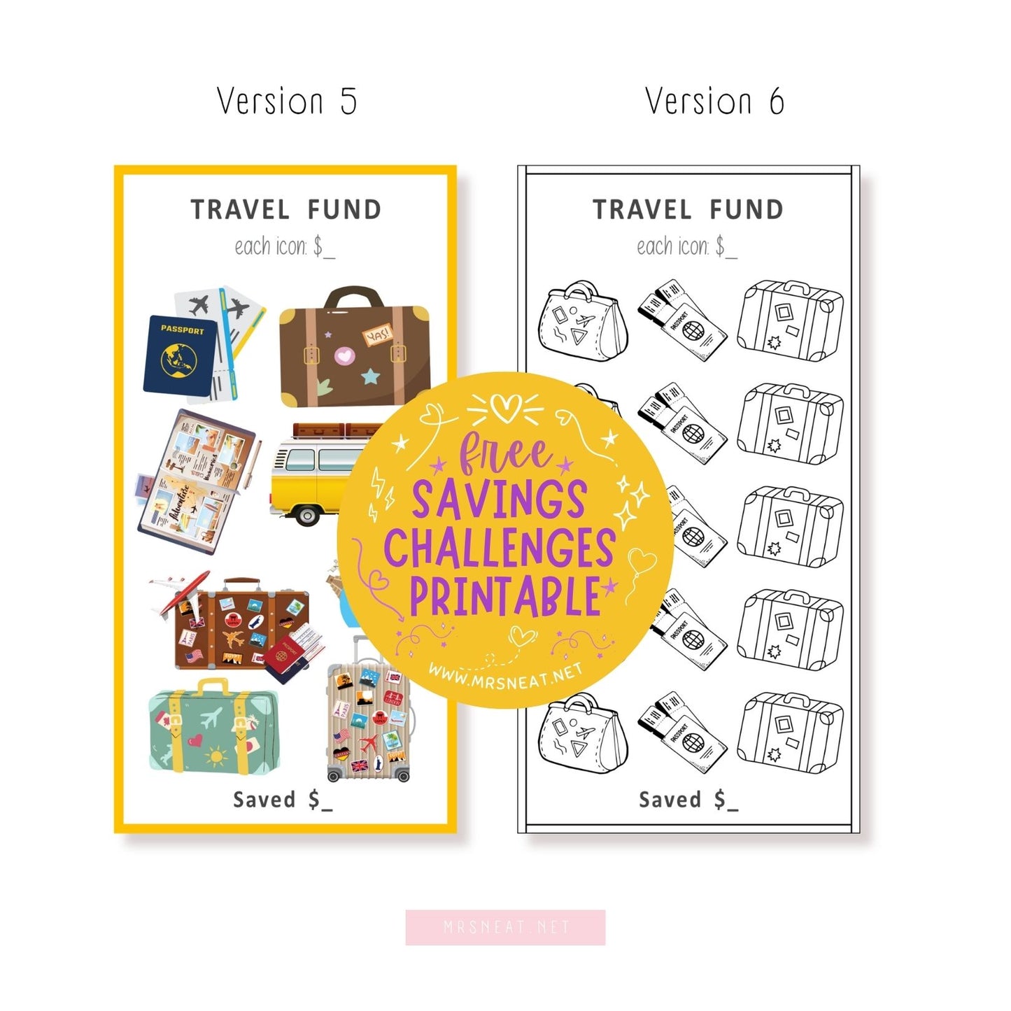 Free Colorful Travel Fund Savings Challenges with 6 versions A6 size
