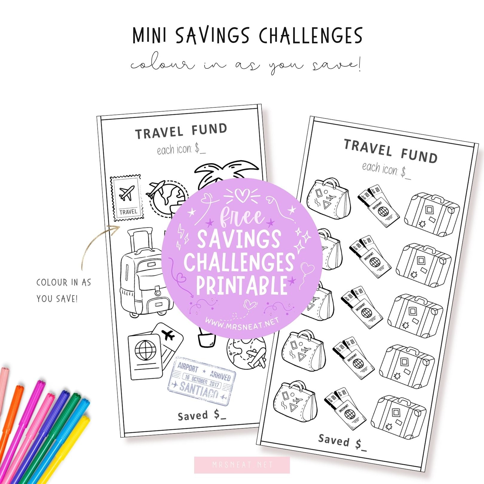 FREE Kawaii Tiny Mini Saving Challenges A6 size Travel Themed for Cash Stuffing Low Income Savings