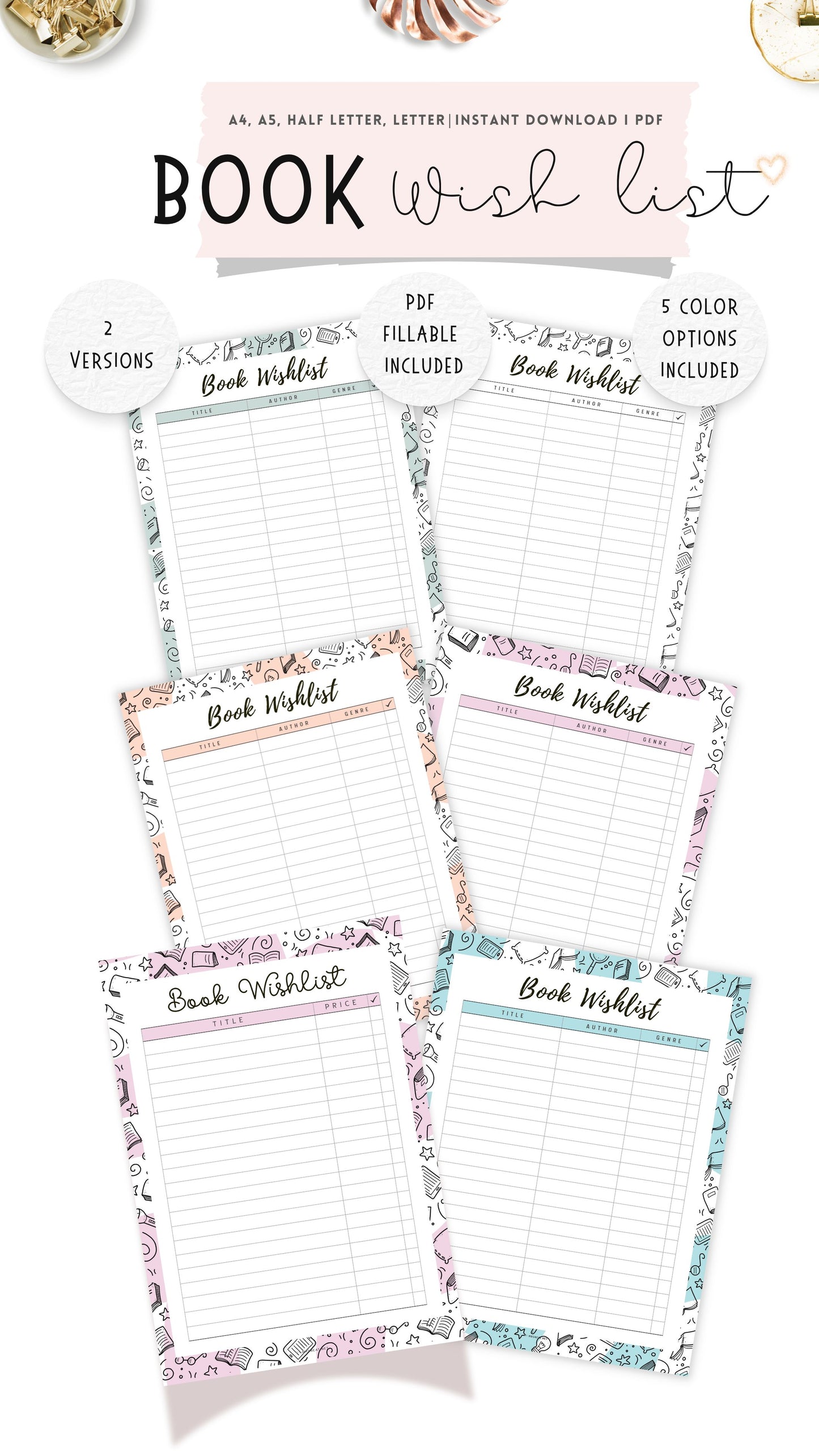 Colorful Book Wishlist Template Printable, 5 colors : Peach, Green, Blue, Pink and Neutral, A4, A5, Letter, Half Letter, Digital Planner