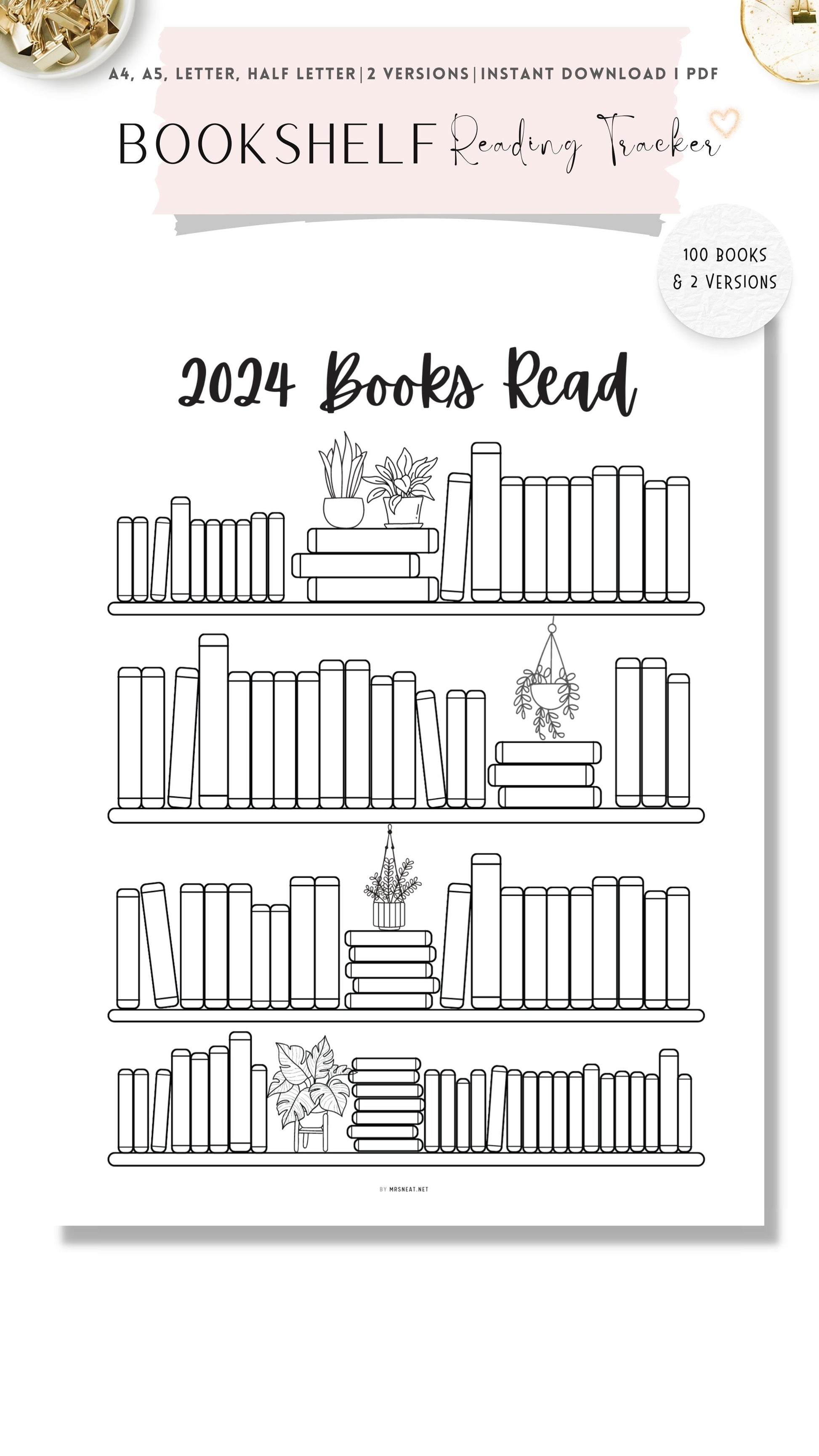 Minimalist Bookshelf Reading Tracker Printable - 100 Books
