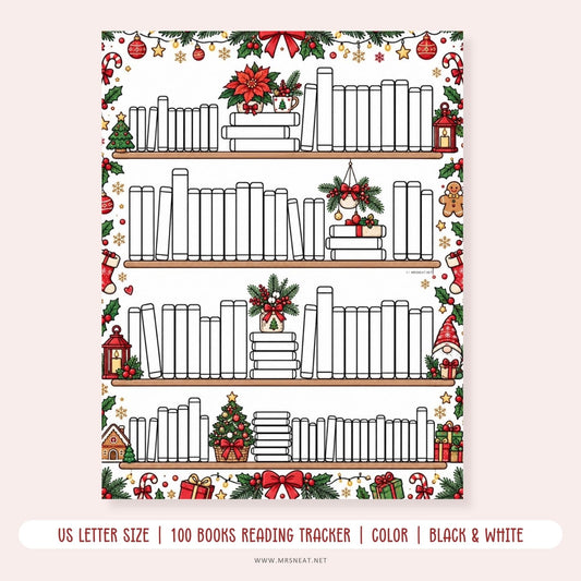 Christmas Bookshelf Reading Tracker printable for a 100 books reading challenge with a festive holiday bookshelf design