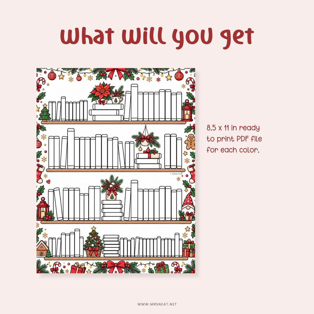 Christmas book tracker printable with a festive bookshelf design for tracking 100 books during the holiday reading season