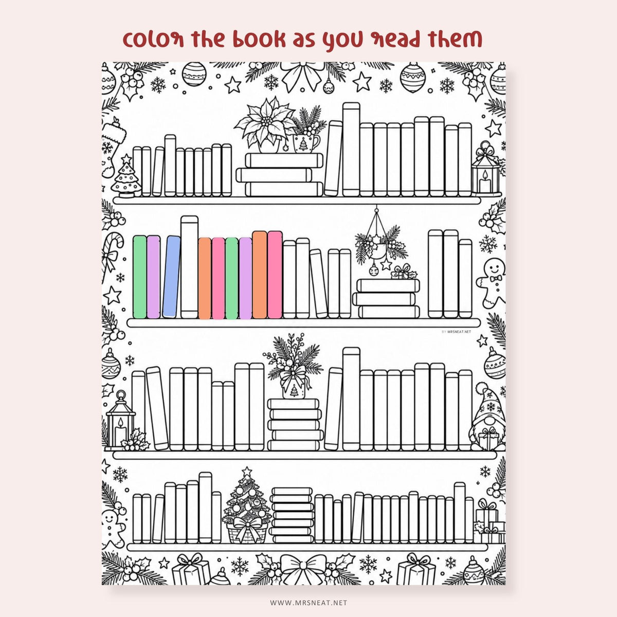 Holiday reading tracker and Christmas reading challenge printable featuring 100 book spaces for book lovers
