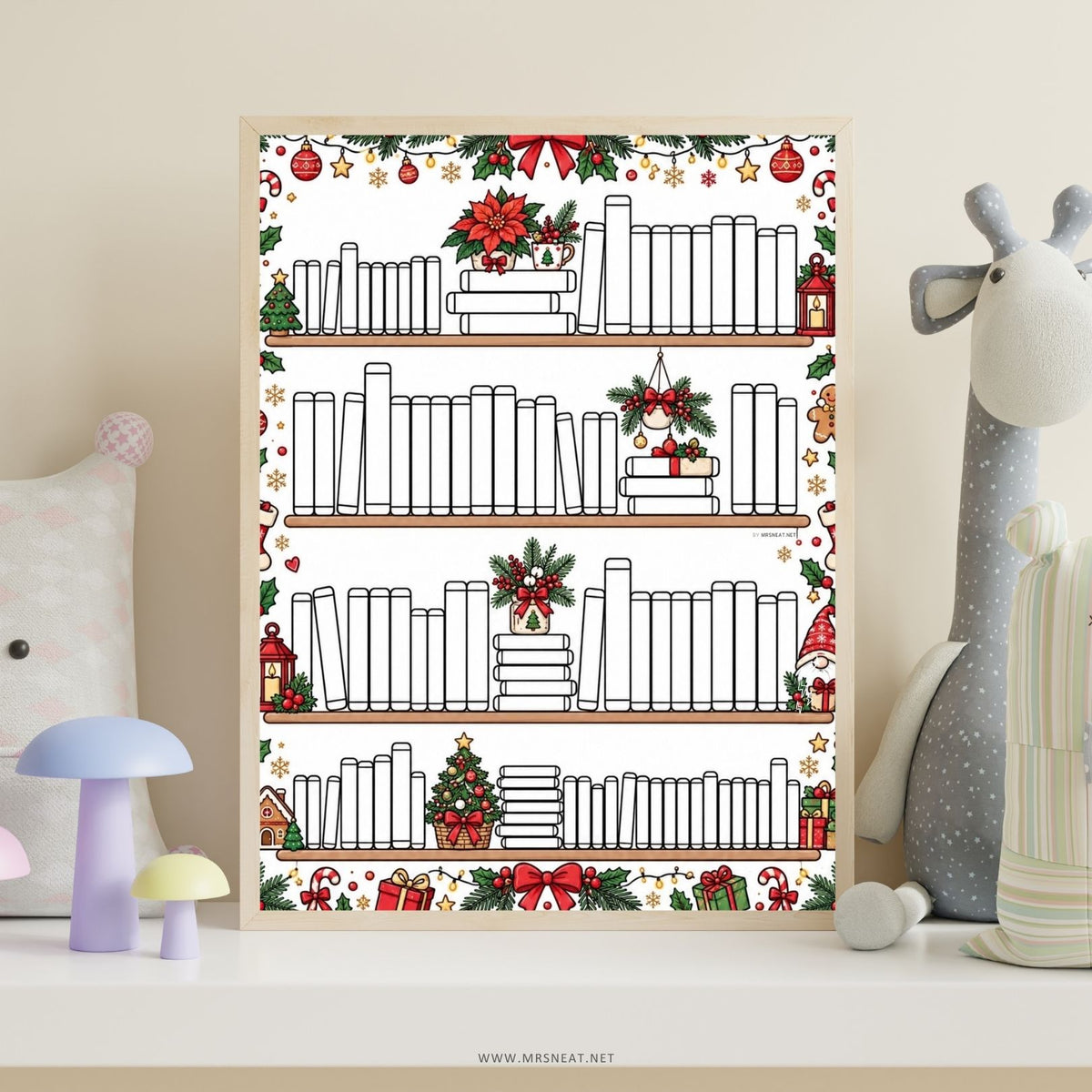 Bookshelf reading tracker printable in color for a 100 books Christmas reading challenge