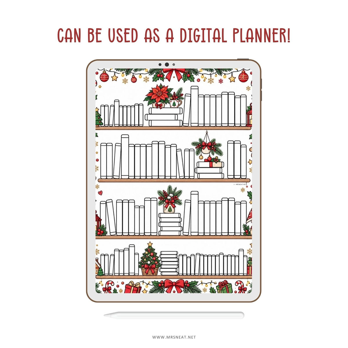 Digital reading tracker with a Christmas bookshelf design for tracking 100 books in a digital planner